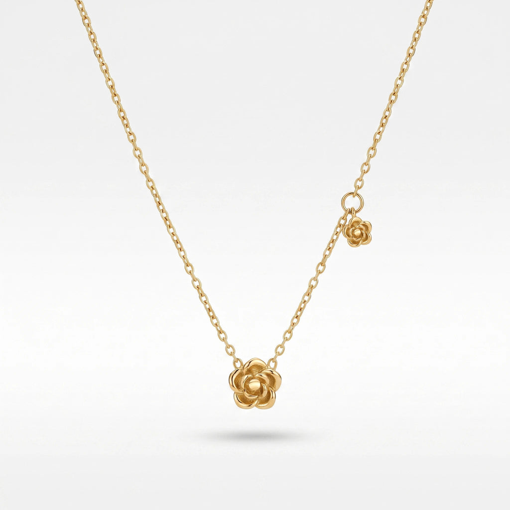 QIAOREN 13743 Thin Cable Chain Necklace with Two Hollow Layered Flower Charms Inlaid Single Round Clear Zircon Jewelry