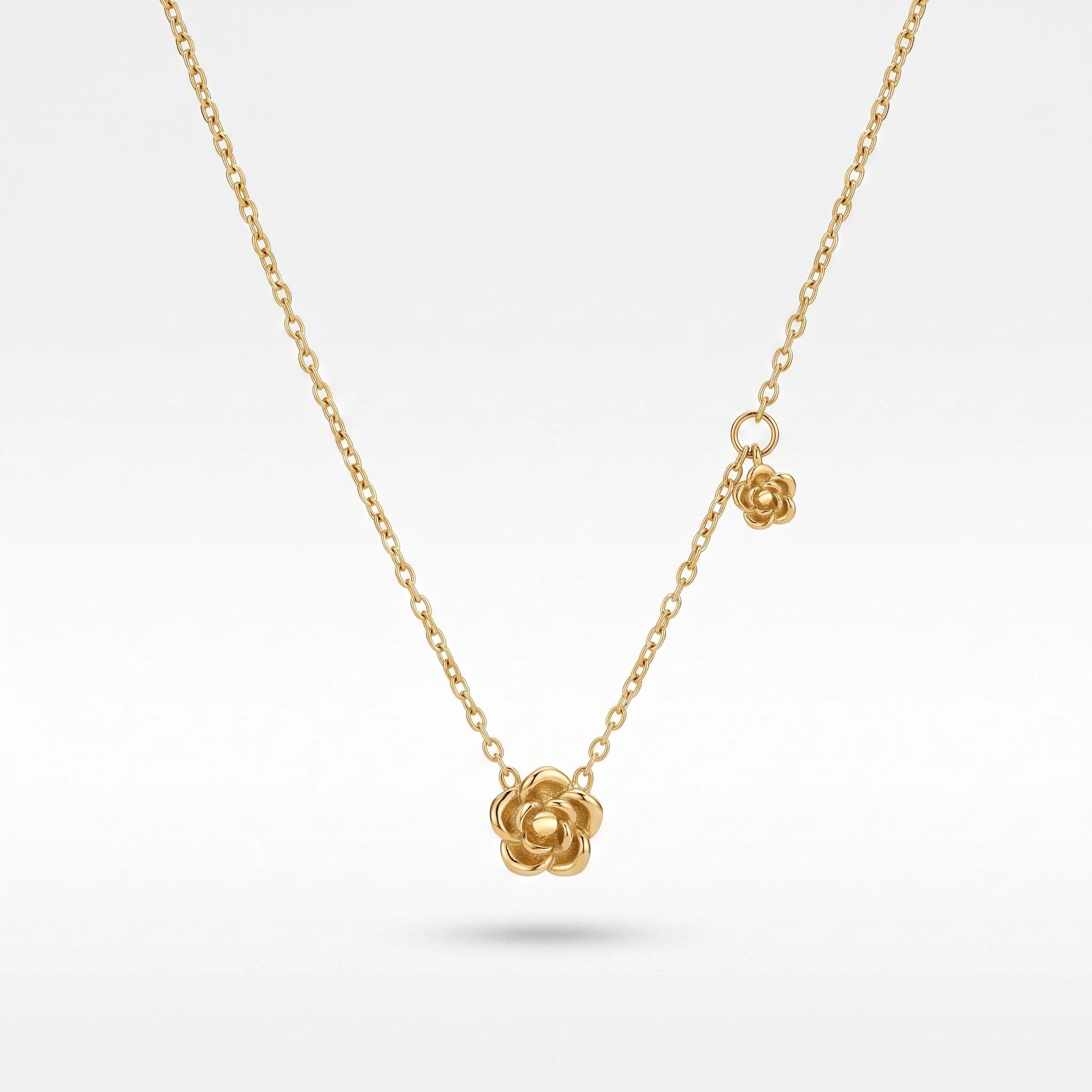 QIAOREN 13743 Thin Cable Chain Necklace with Two Hollow Layered Flower Charms Inlaid Single Round Clear Zircon Jewelry