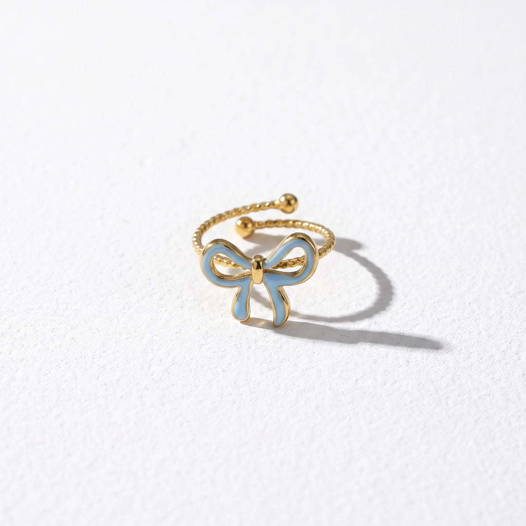 QIAOREN 14184-89 Multicolor Enamel Bow Twist Band Ring, Adjustable Bowknot Open Ring Jewelry Gift for Daily Fashion Outfits