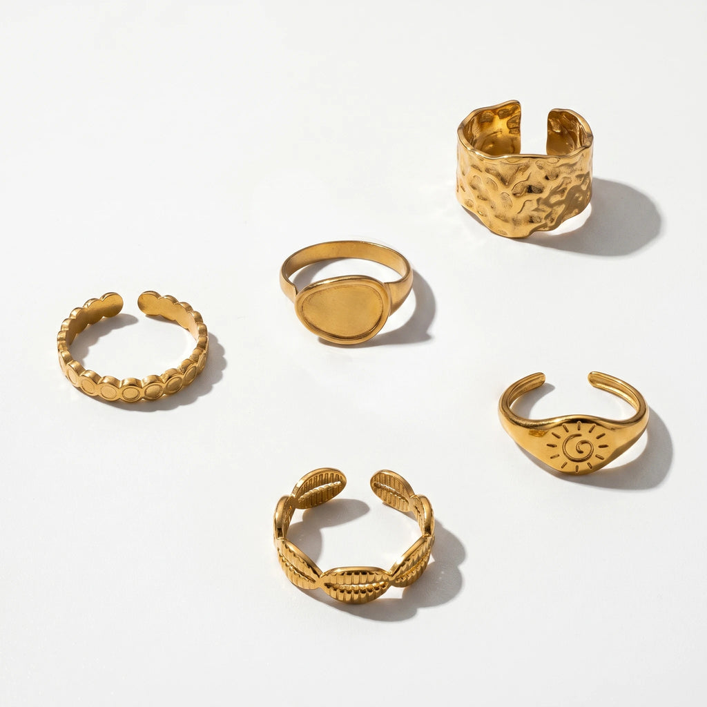 QIAOREN Stainless Steel 5Pcs Stackable Ring Set PVD Gold Plated Adjustable Open Jewelry for Women