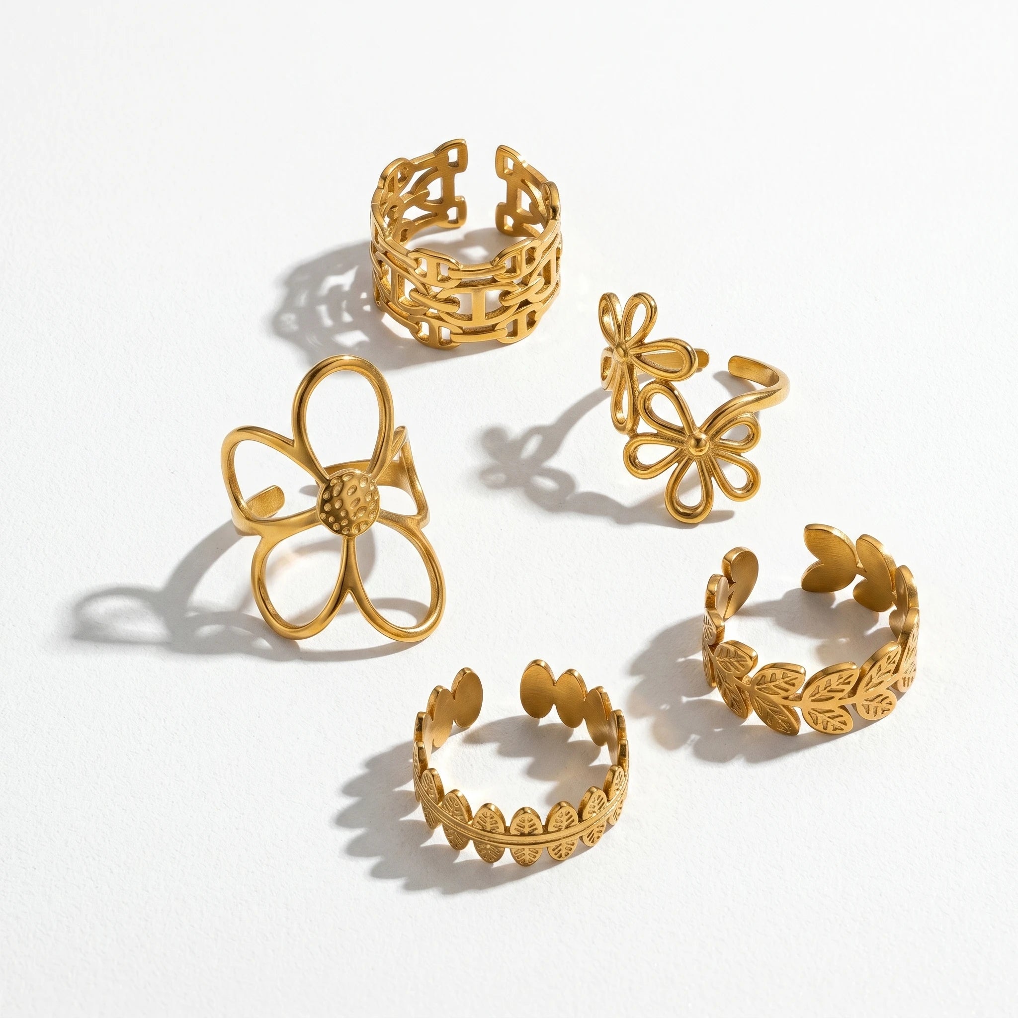 QIAOREN Stainless Steel PVD Gold Adjustable Open Rings Mixed Flower Leaf Geometric Hollow Stack Finger Jewelry For Women