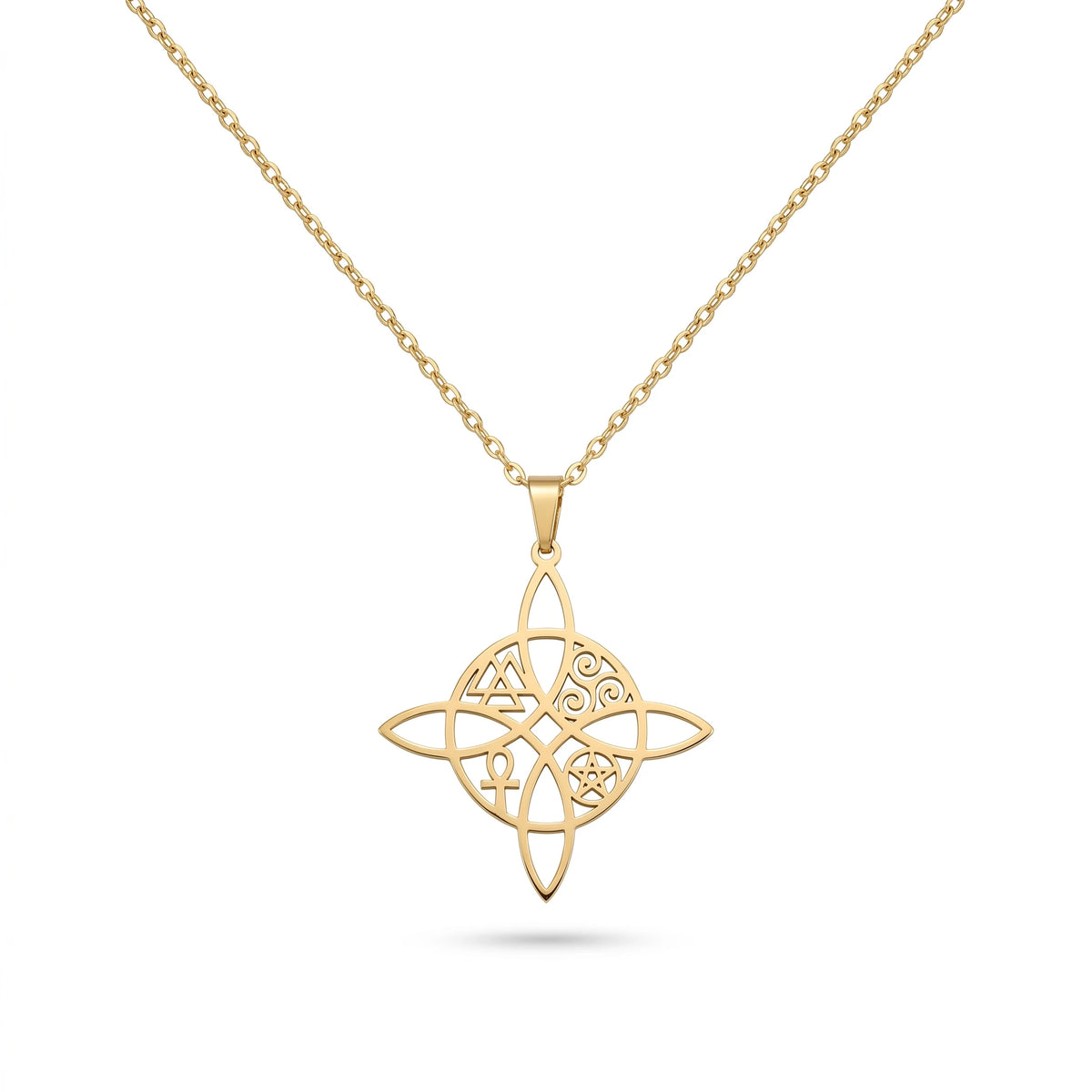 QIAOREN 11841 Waterproof Hollow Celtic Witch Knot Necklace 18K Gold Stainless Steel Four Elements Spiritual All-Day Wear Jewelry