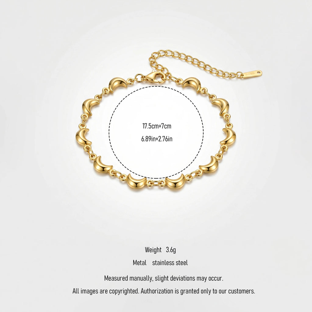 QIAOREN12059 Anti-tarnish Solid Stainless Steel Puffy Moon Charm Bracelet Lobster Clasp Stackable Gift for European Ladies