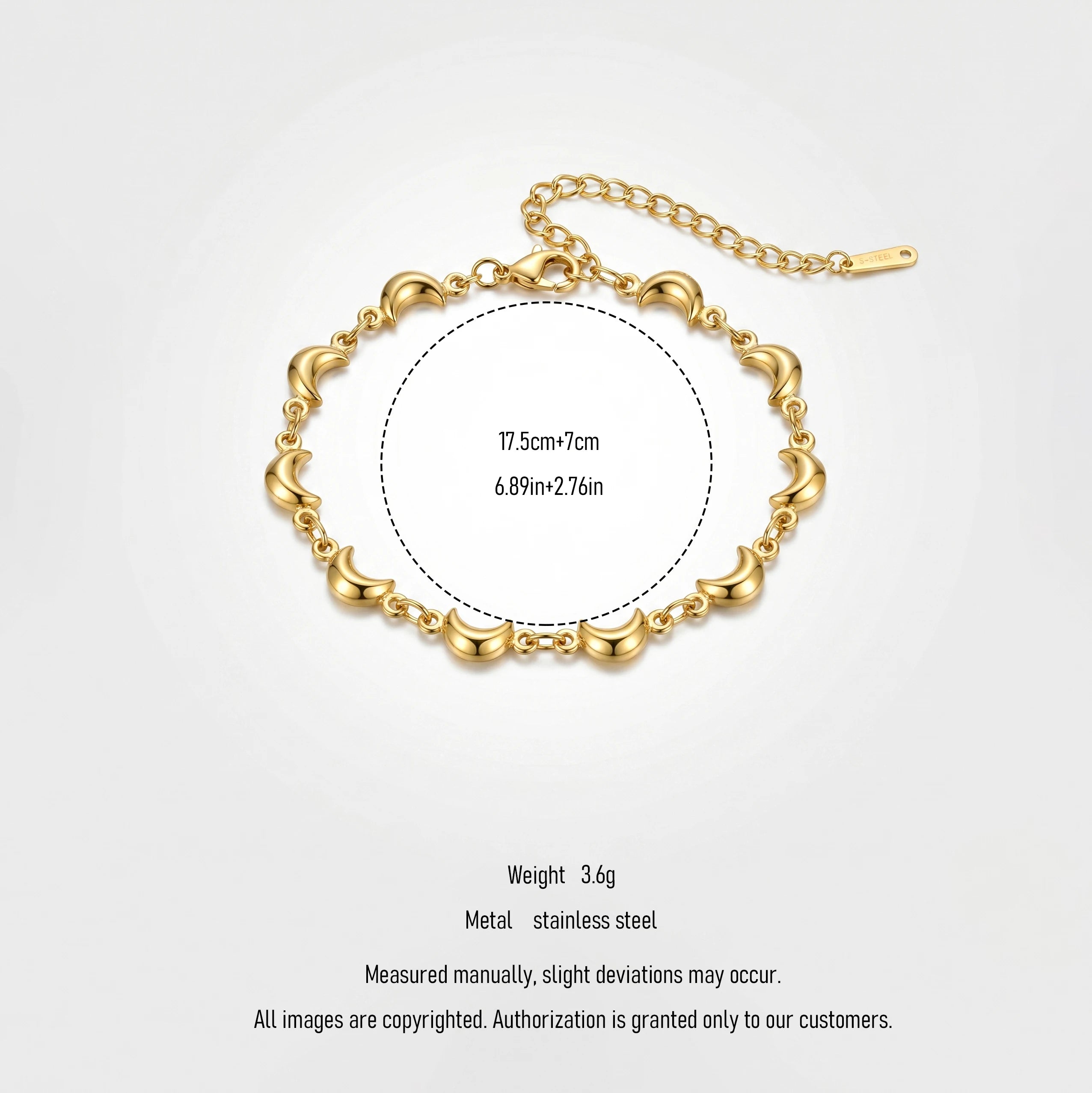 QIAOREN12059 Anti-tarnish Solid Stainless Steel Puffy Moon Charm Bracelet Lobster Clasp Stackable Gift for European Ladies