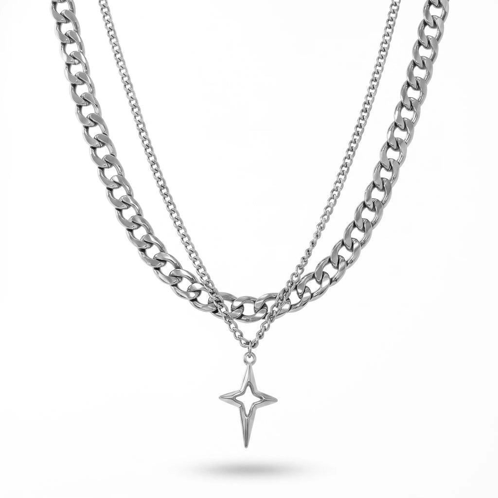 QIAOREN 11314 Edgy Layered Chunky Chain Hollow Star Pendant Necklace 18K Gold Plated Stainless Steel Waterproof Jewelry