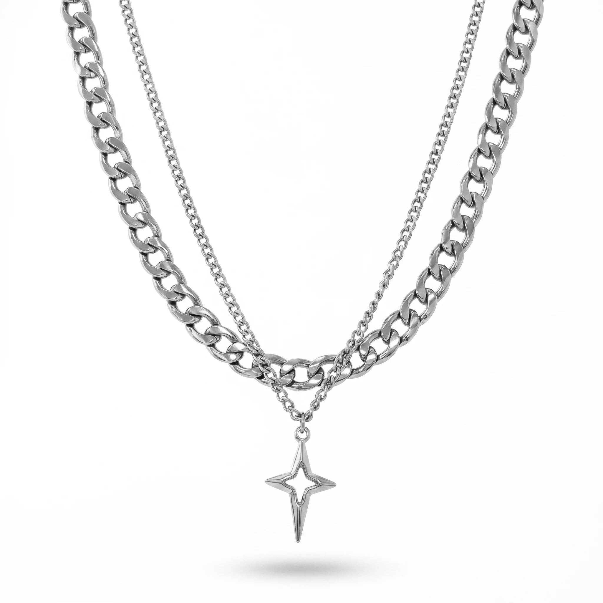 QIAOREN 11314 Edgy Layered Chunky Chain Hollow Star Pendant Necklace 18K Gold Plated Stainless Steel Waterproof Jewelry