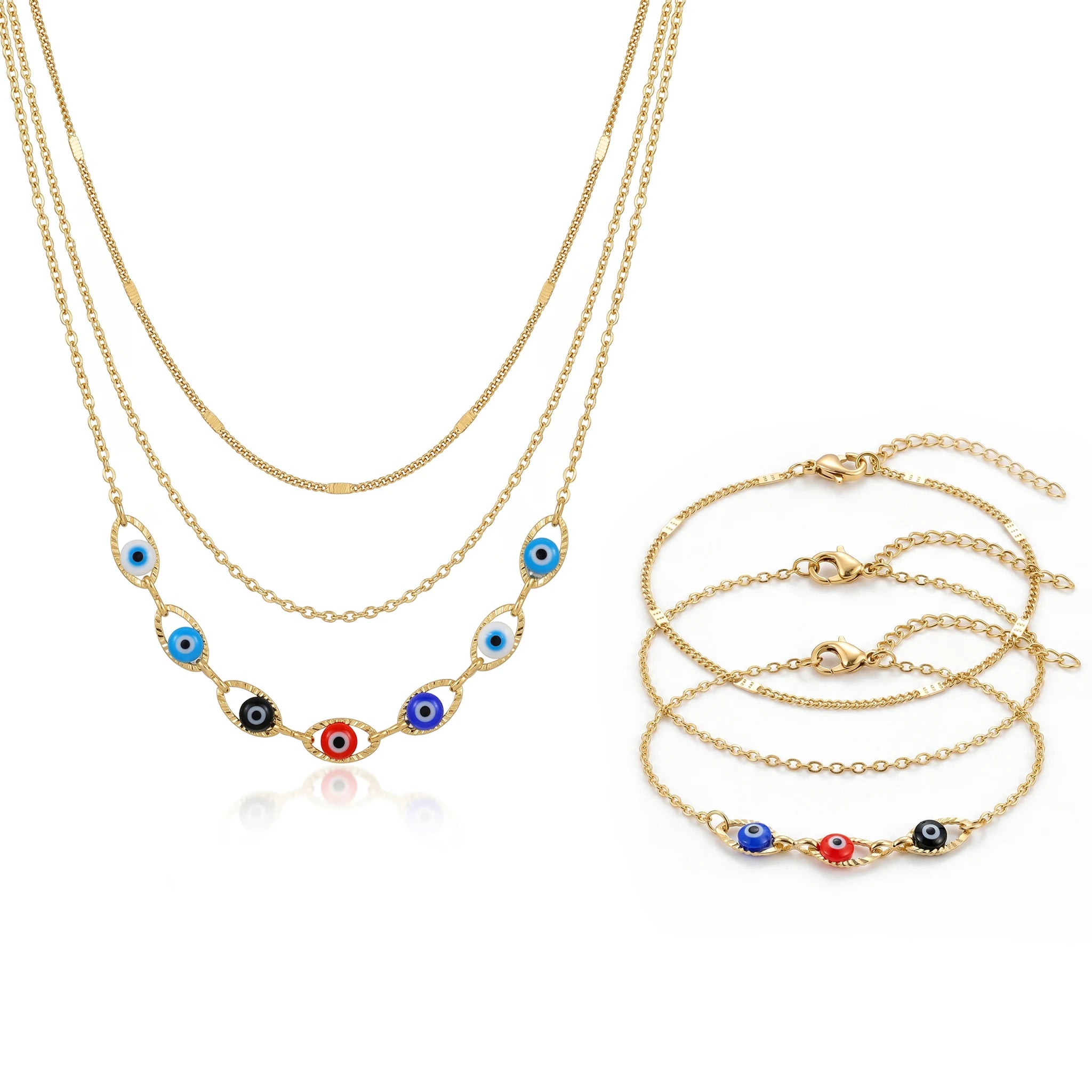 QIAOREN 11647 Boho Colorful Eye Jewelry Set 18K Gold Stainless Steel 3 Layered Necklace Bracelet Beach Vacation