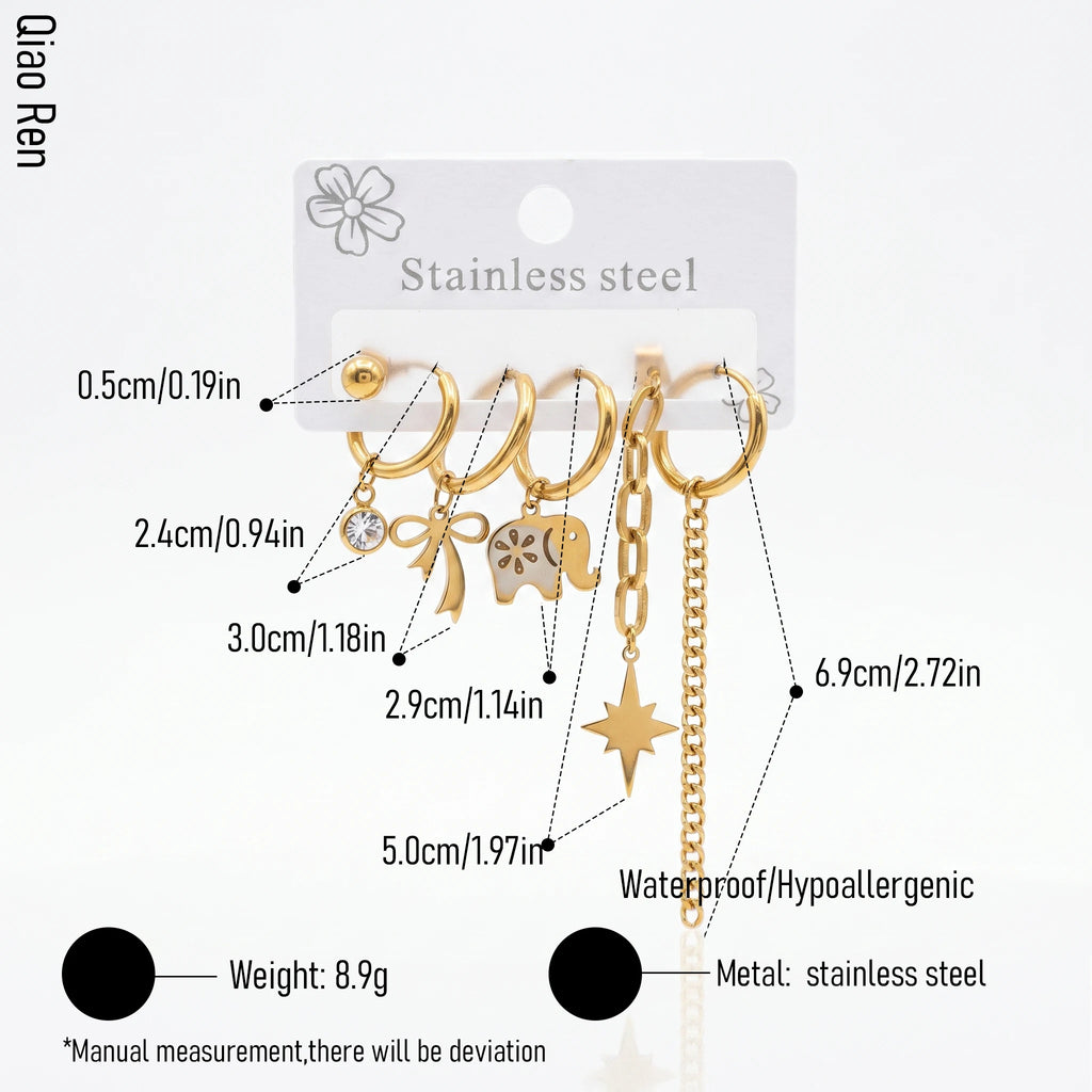 QIAOREN 14478 Stainless Steel Gold Dangle Huggie Hoop Earrings Set, Enamel Elephant, Bow, North Star & Chain Tassel Ear Jewelry