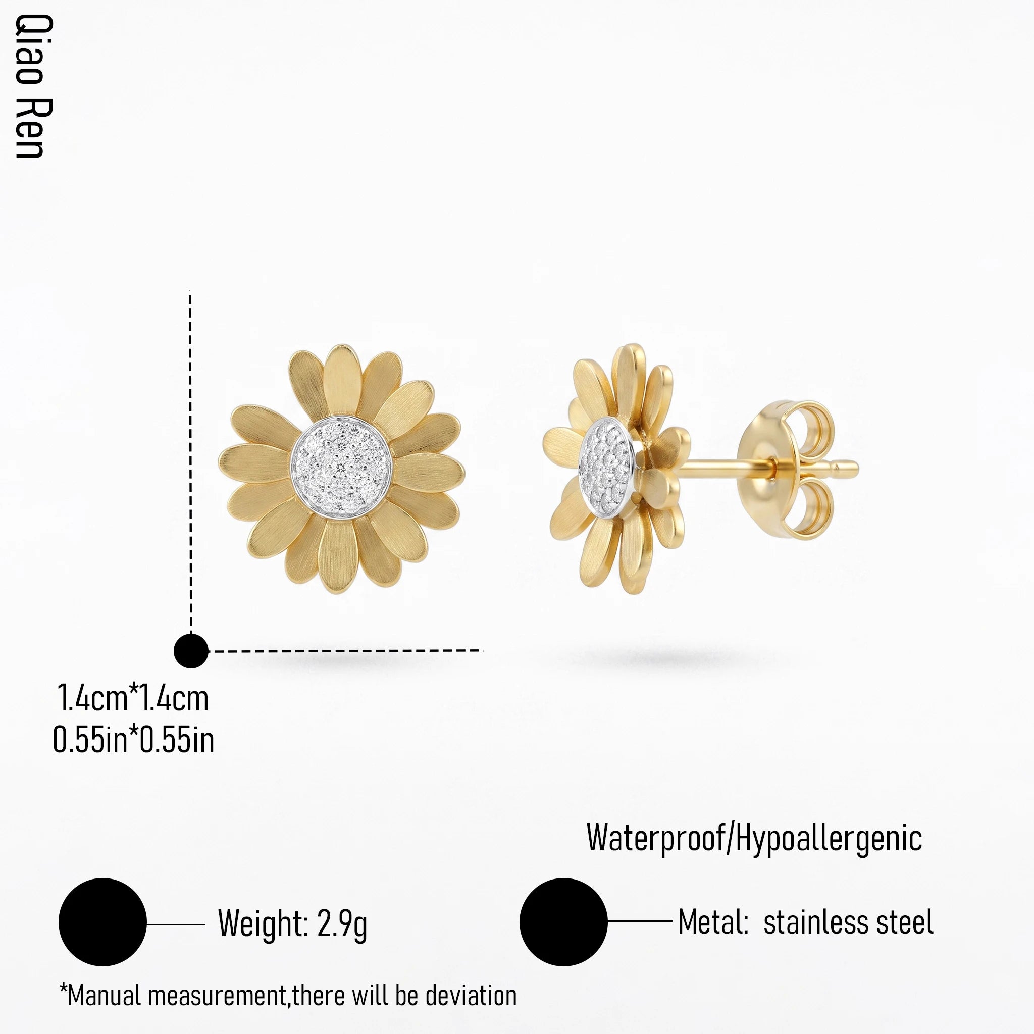 QIAOREN 13962 Stainless Steel Daisy Stud Earrings Gold Flower Earrings with CZ Center Dainty Jewelry for Women