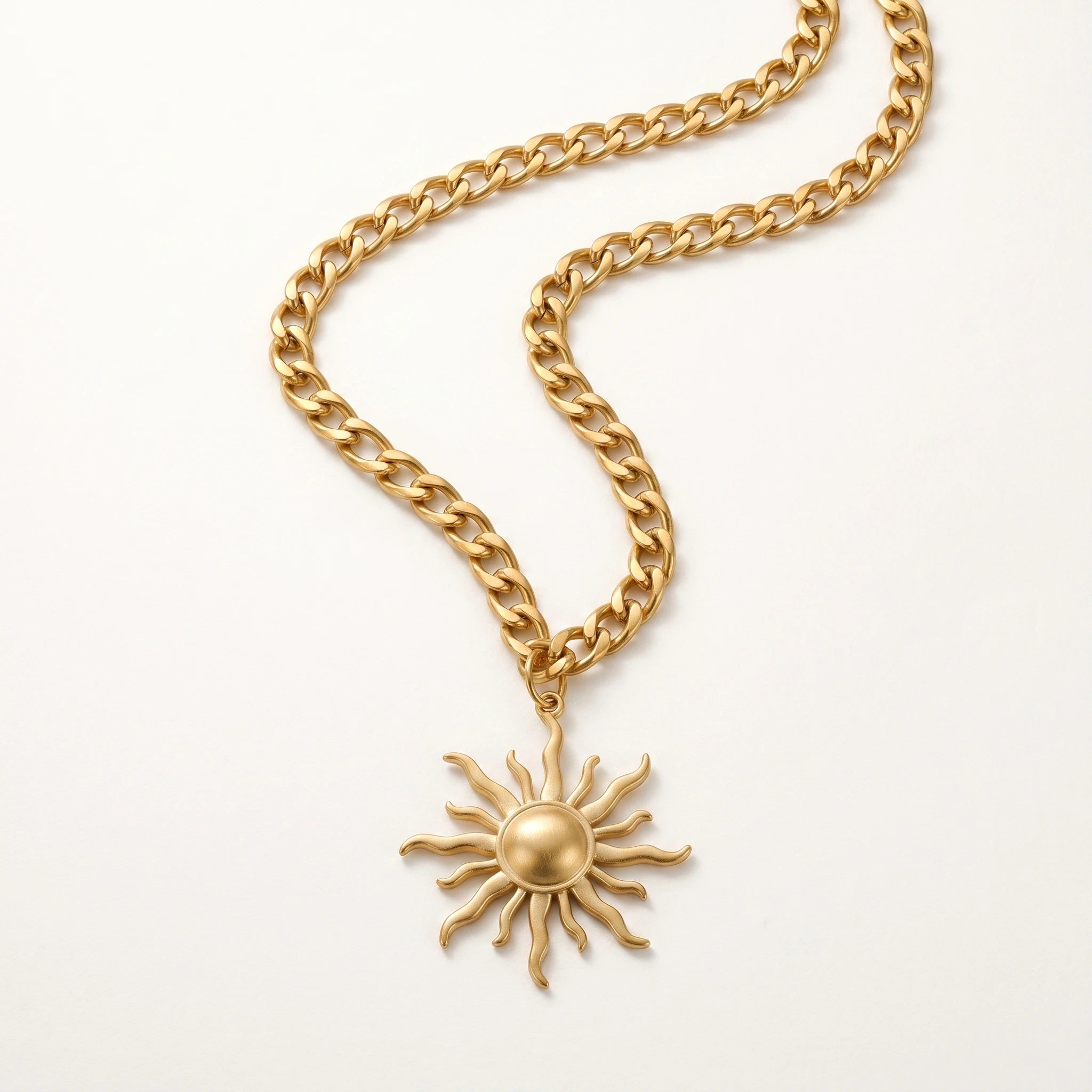 QIAOREN 10857 Waterproof Stainless Steel Trendy Sun Charm Necklace Gold Plated Link Chain Party Statement Jewelry