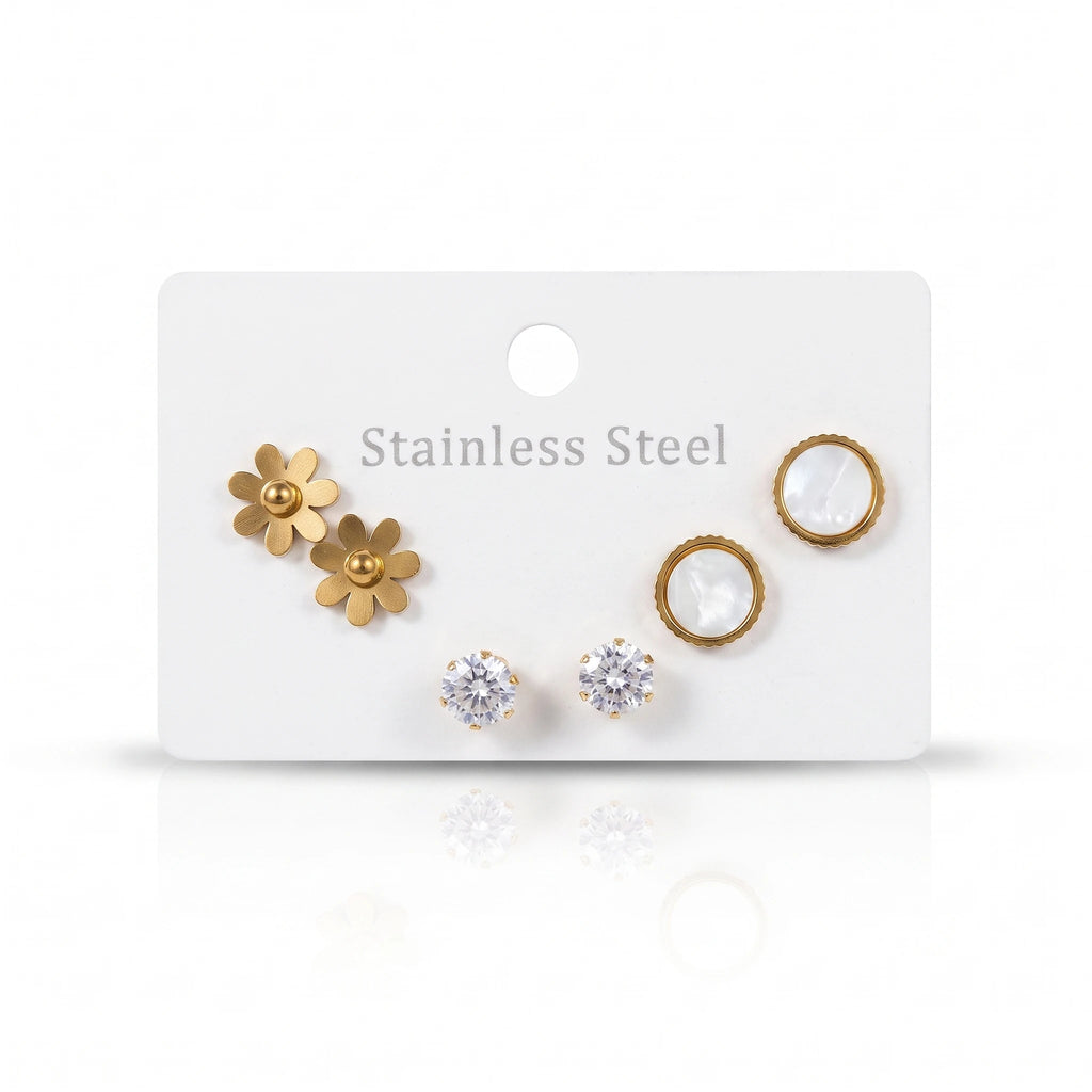 QIAOREN 14467 3 Pair Gold Stainless Steel Stud Earrings Set, Matte Flower Studs, Round Quartz Studs & Prong Set CZ Studs