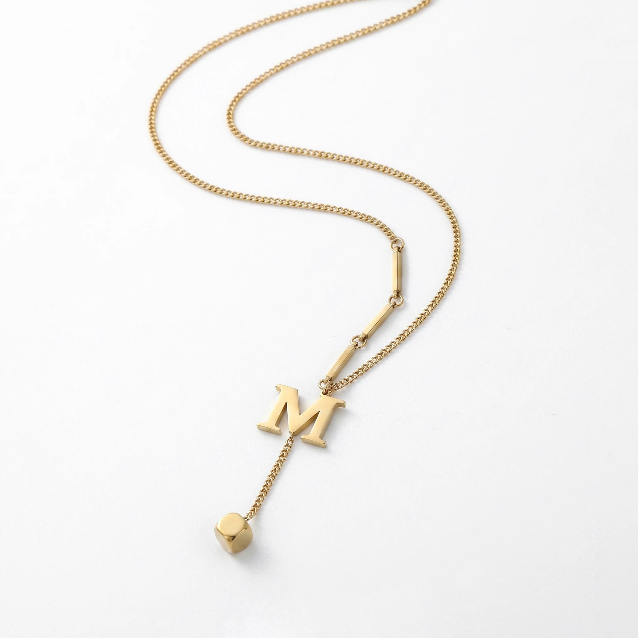 QIAOREN 13465 Personalized Letter M Y Drop Necklace with Square Cube Charm, Dainty Mixed Link Chain Initial Necklace