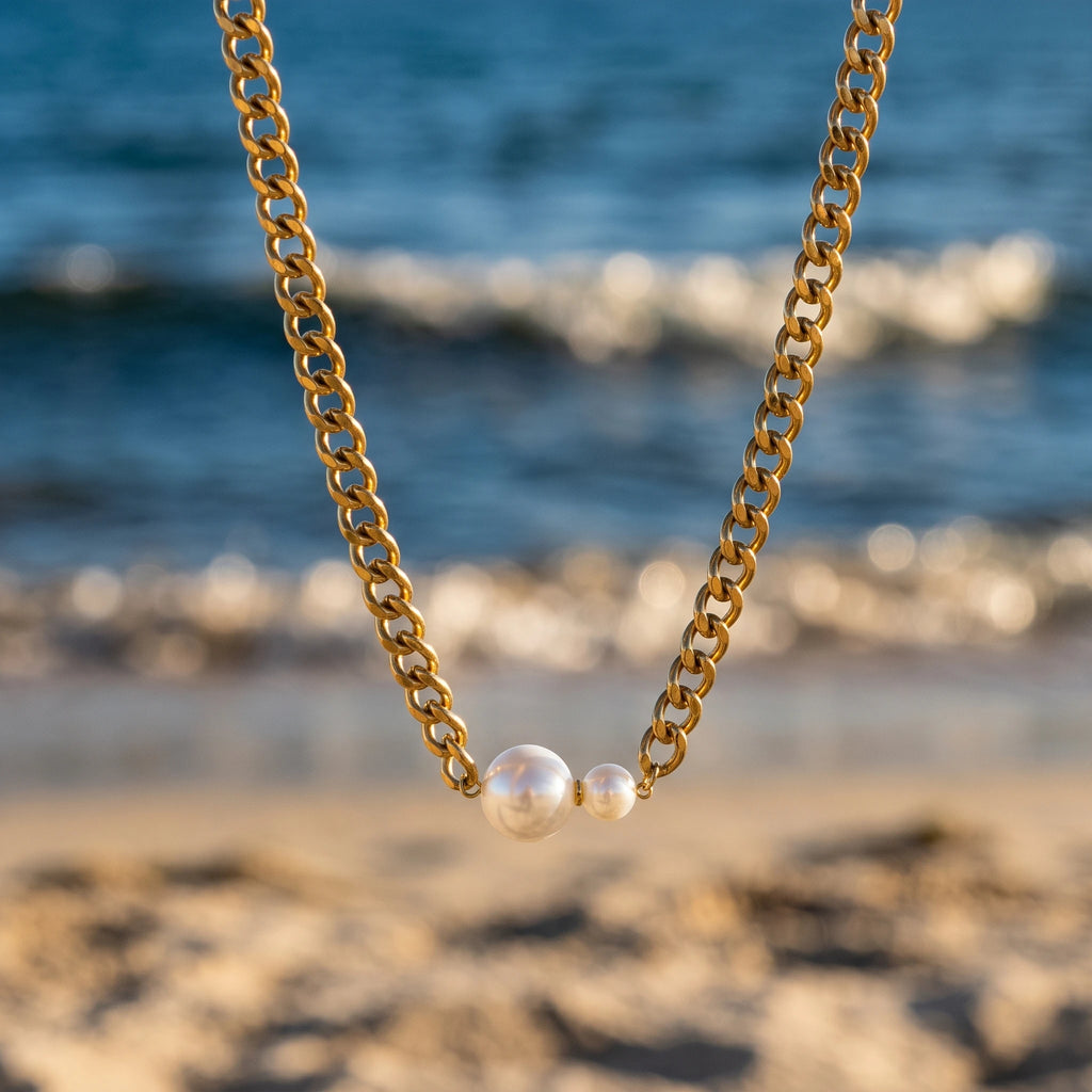 QIAOREN 13996 Thick Curb Link Chain Necklace with Alternating Large and Small Round White Pearl Charms