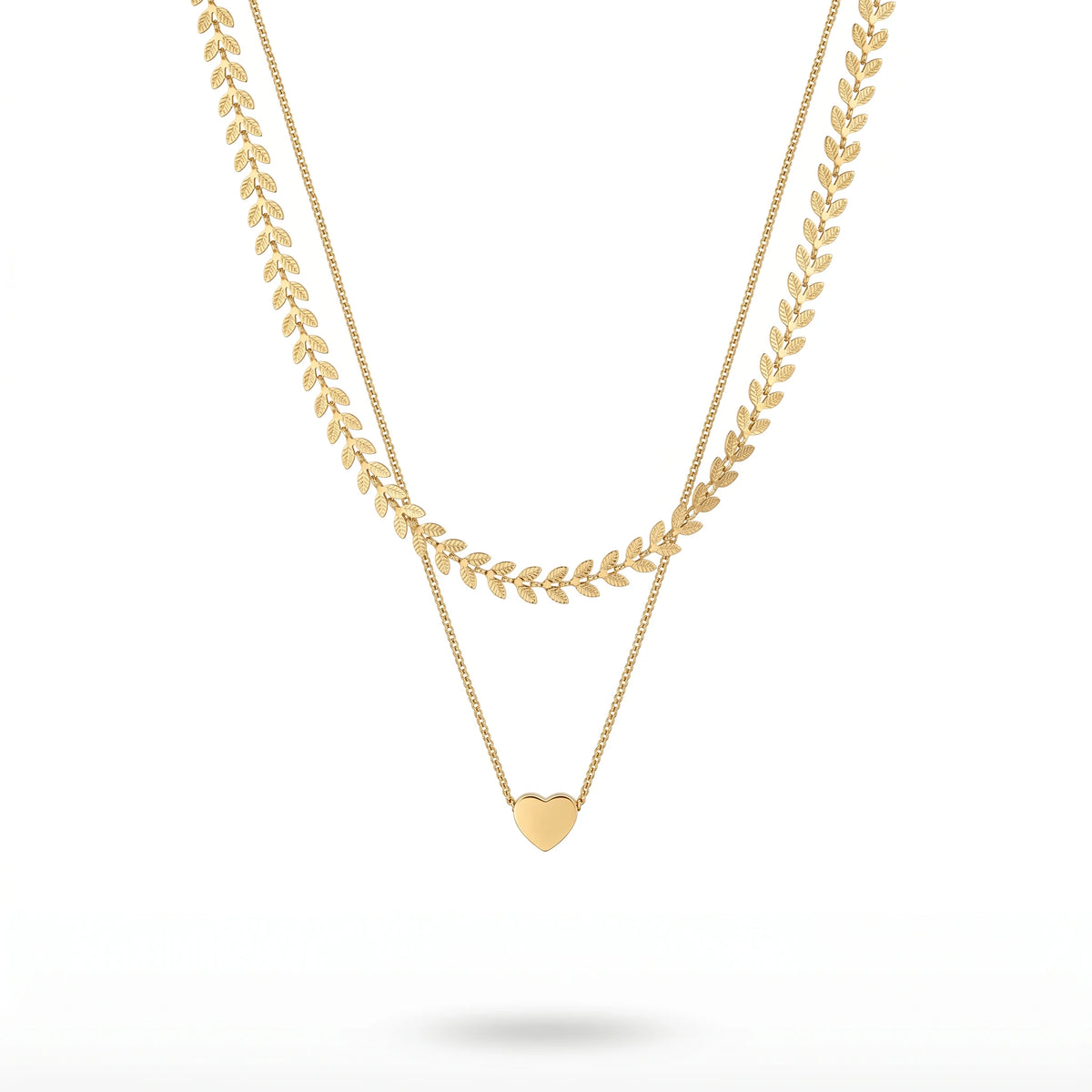 QIAOREN 11318 Boho Leaf & Heart Layered Necklace 18K Gold Plated Stainless Steel Beach Vacation Jewelry