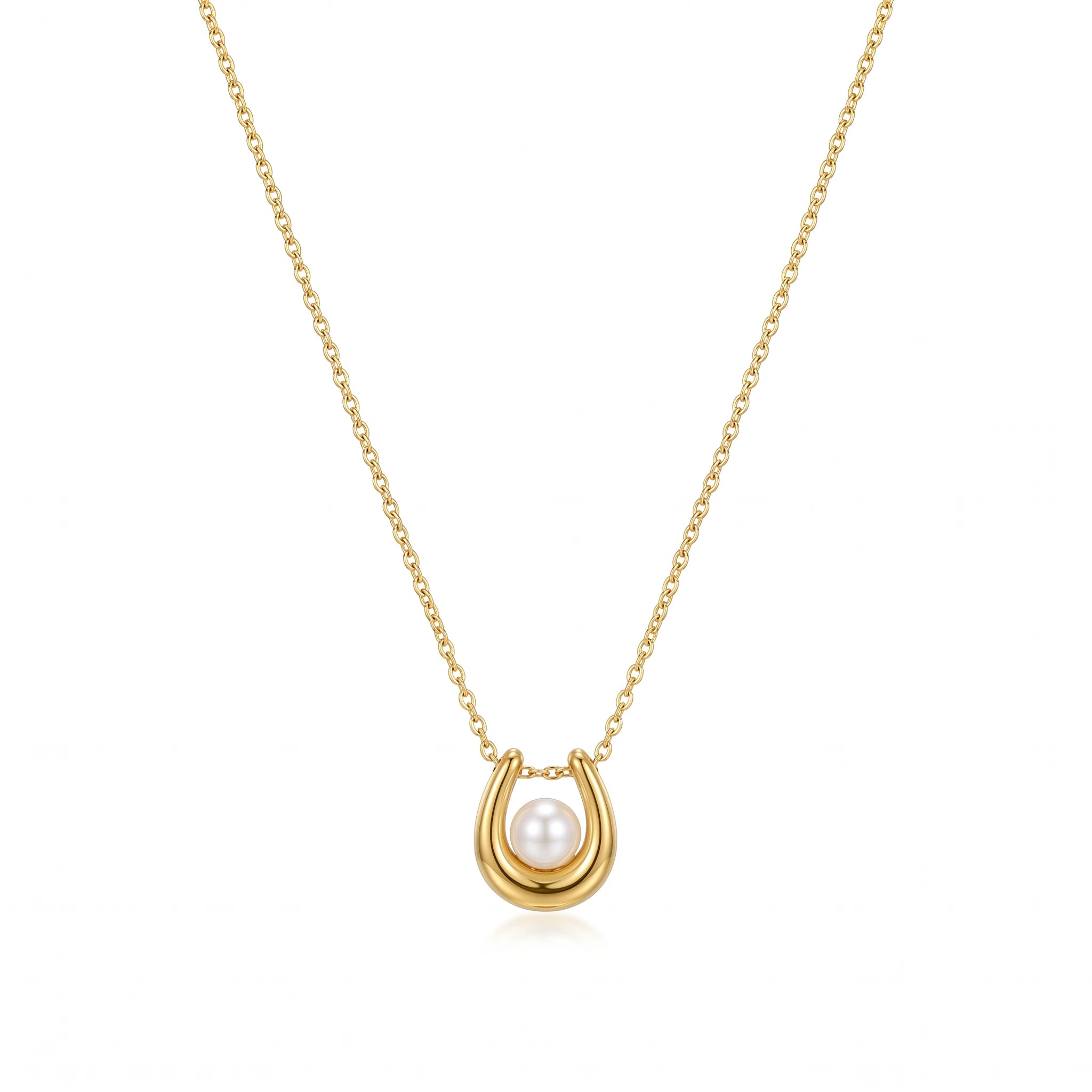 QIAOREN 13813 Thin Oval Link Chain Pendant Necklace with Smooth U-Shaped Horseshoe Frame Charm Inlaid Single Round White Pearl