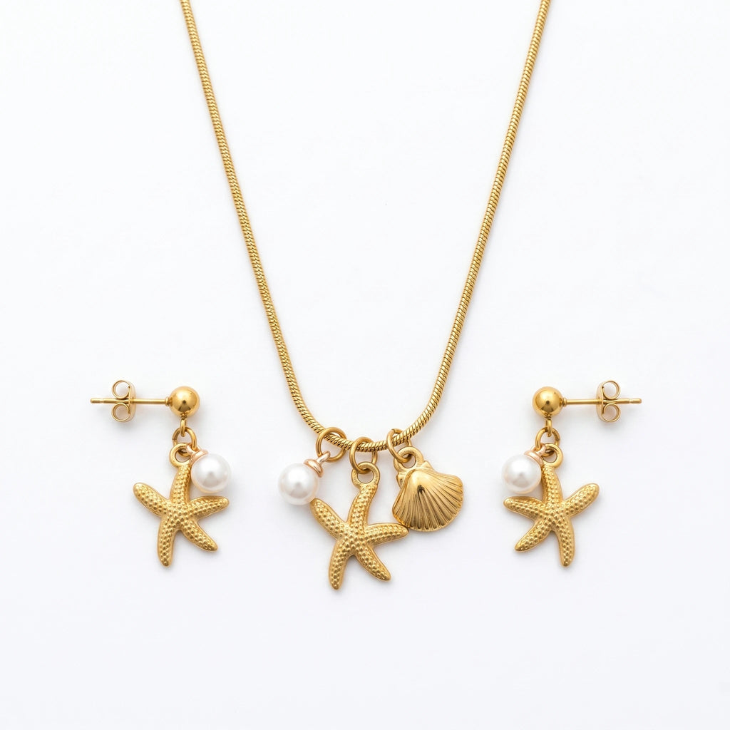 QIAOREN 10804 Waterproof Tarnish Resistant 18K Gold Plated Stainless Steel Starfish Pearl Trendy Necklace Bracelet Set Jewelry