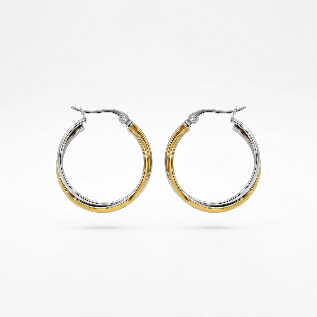 QIAOREN 12399Interlocking Crossover Hoop Earrings Gold Silver Two Tone Overlapping Double Band Stainless Steel Large Hoops US EU