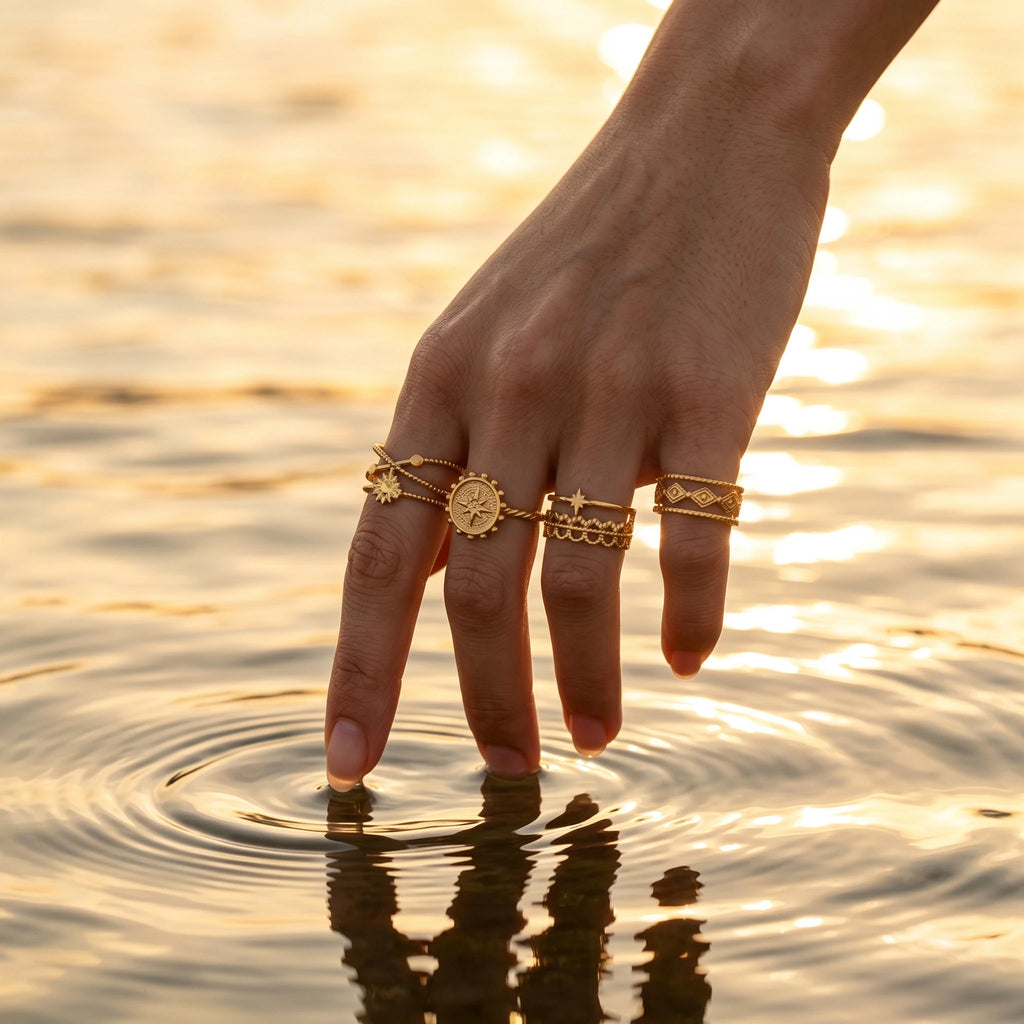 QIAOREN 13081-85 Stainless Steel Adjustable Boho Open Ring Set Compass Star Stackable Finger Rings for Women