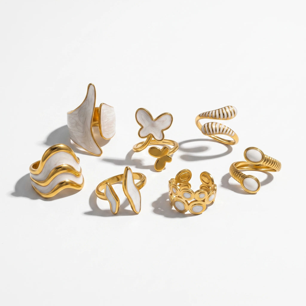 QIAOREN 14232-38 White Enamel Irregular Wave Open Ring Set, Abstract Curved Adjustable Stackable Ring Jewelry Gift