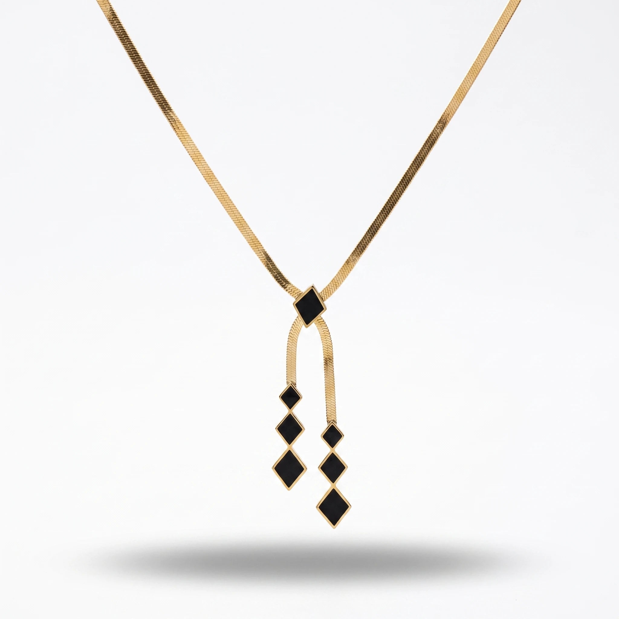 QIAOREN 13800 Thin Flat Herringbone Snake Chain Pendant Necklace with Sliding Black Enamel Square Charm & Two Tassel Strands