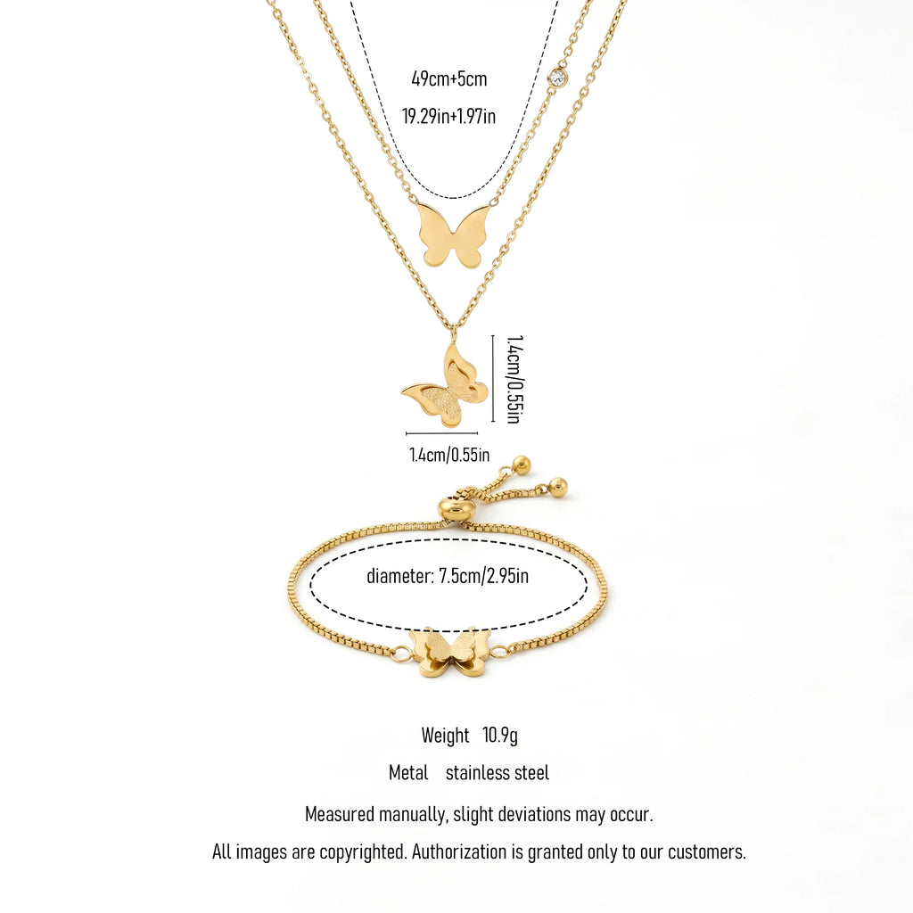 QIAOREN 11683 Tarnish Free 18K Gold Stainless Steel Trendy Quartz Butterfly Jewelry Set Layered Necklace Adjustable Bracelet