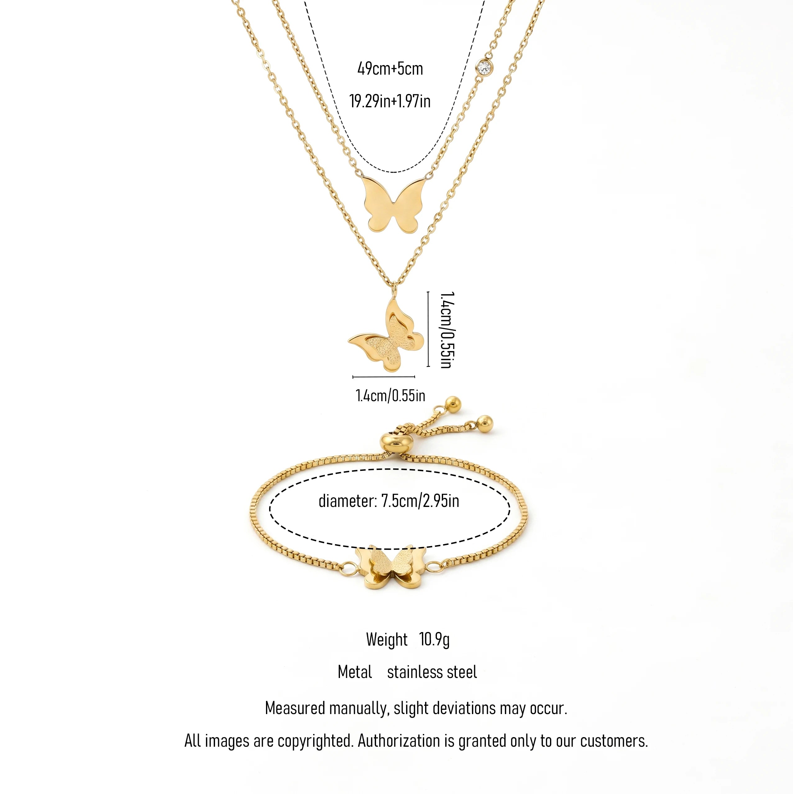 QIAOREN 11683 Tarnish Free 18K Gold Stainless Steel Trendy Quartz Butterfly Jewelry Set Layered Necklace Adjustable Bracelet