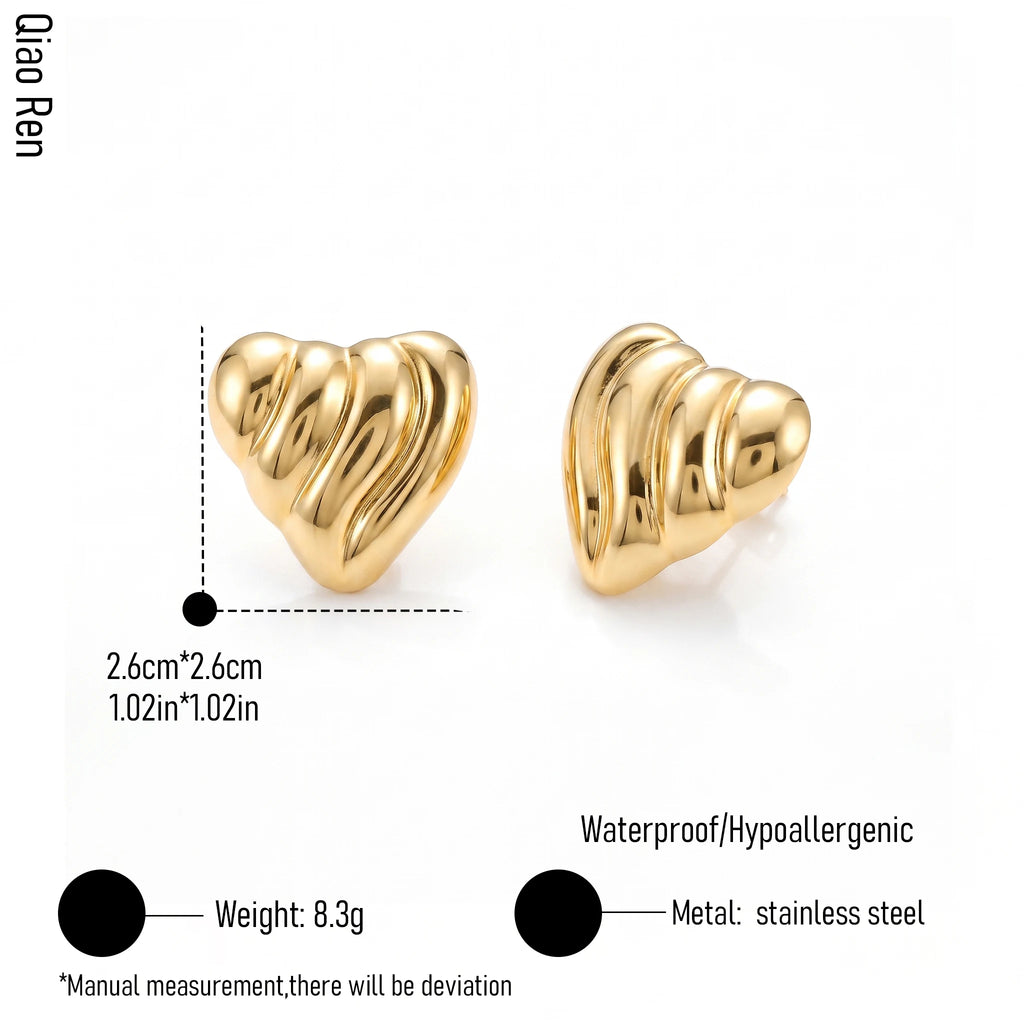 QIAOREN 14554 Stainless Steel Heart Stud Earrings Gold Tone Love Earrings Minimalist Fashion Jewelry Waterproof Hypoallergenic