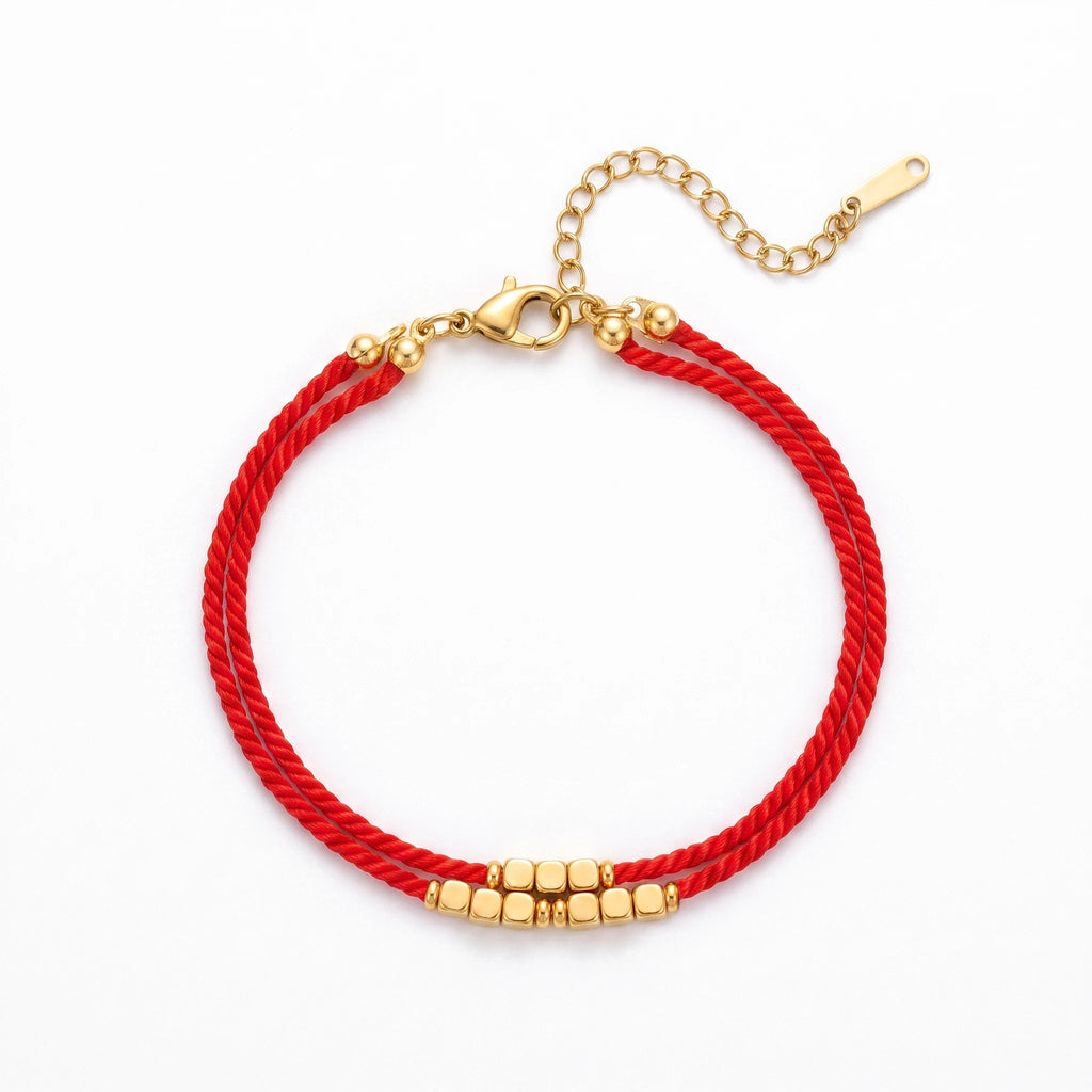 QIAOREN 13305 Lucky Double Red Cord Bracelet Gold Tiny Cube Beads Lobster Clasp Extension Chain Waterproof