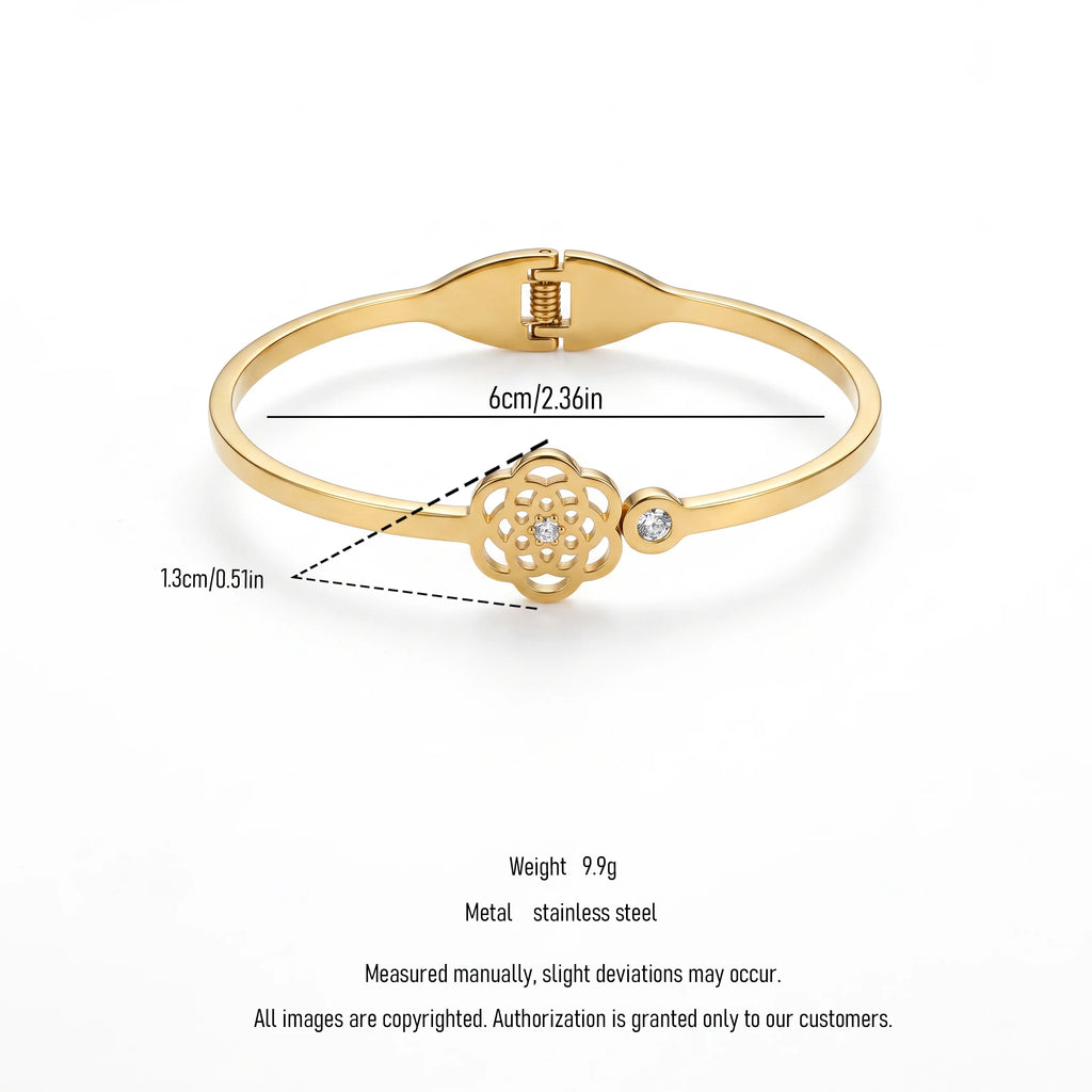 QIAOREN 13654 Spring Opening Cuff Bangle with Hollow Mandala Flower & Side Mini Zircon Dual Charms, Polished Thin Gold Bangle
