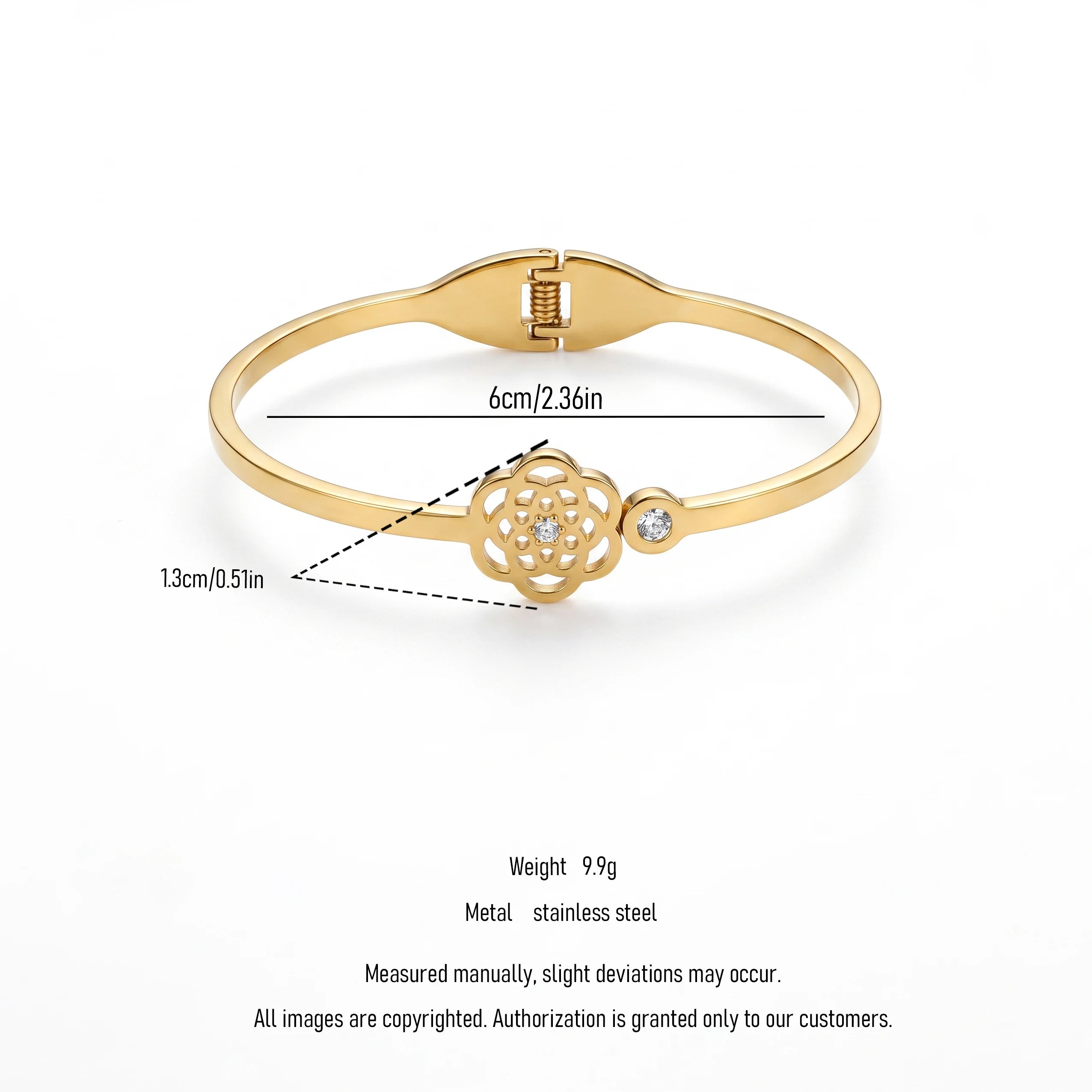 QIAOREN 13654 Spring Opening Cuff Bangle with Hollow Mandala Flower & Side Mini Zircon Dual Charms, Polished Thin Gold Bangle