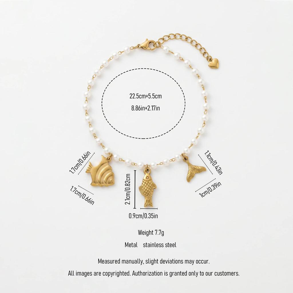 QIAOREN 13335 Ocean Themed Pearl Anklet with Flat Fish, Scaled Fish & Mermaid Tail Charms, Beach Holiday Foot Jewelry Gift