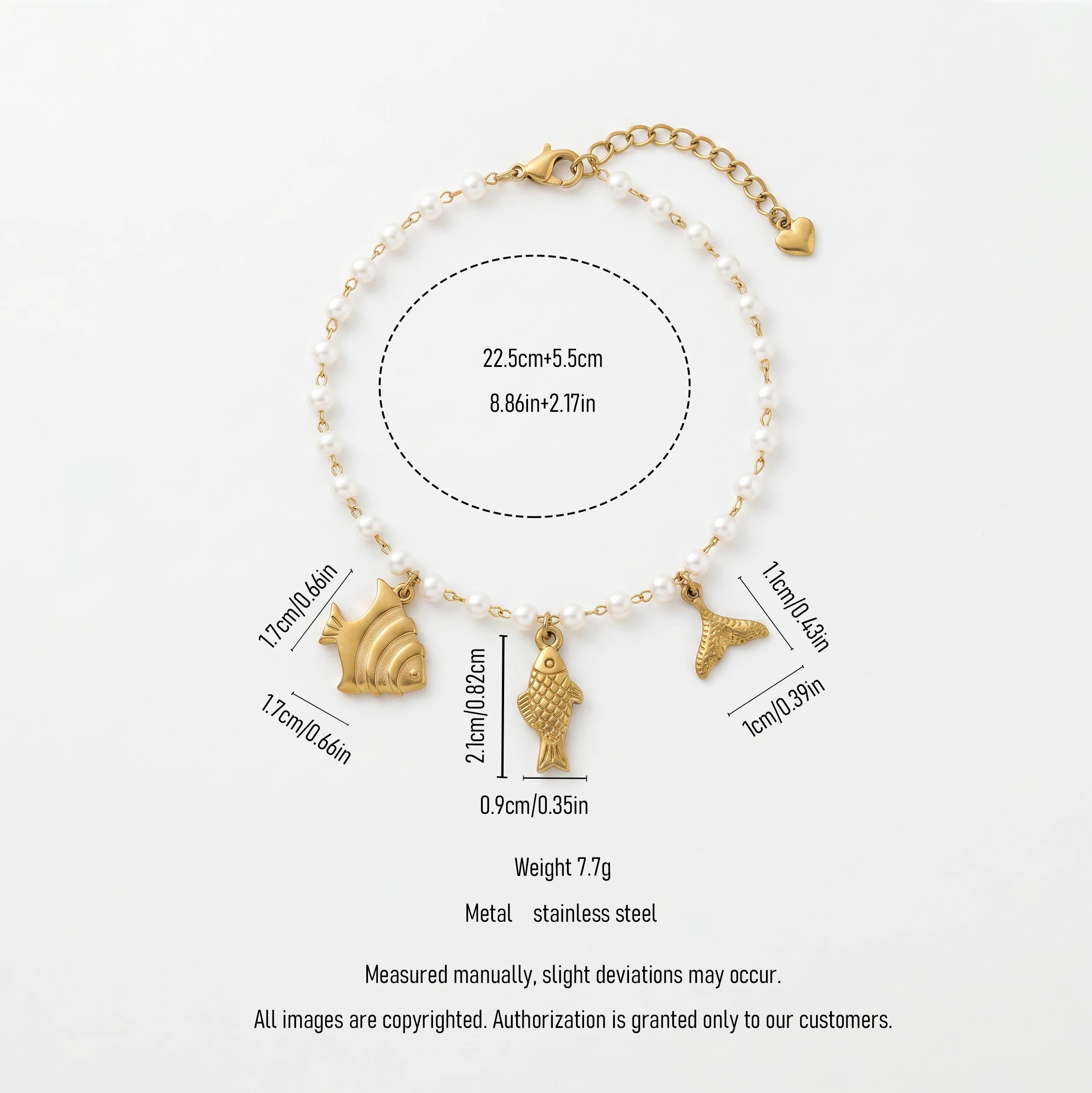 QIAOREN 13335 Ocean Themed Pearl Anklet with Flat Fish, Scaled Fish & Mermaid Tail Charms, Beach Holiday Foot Jewelry Gift