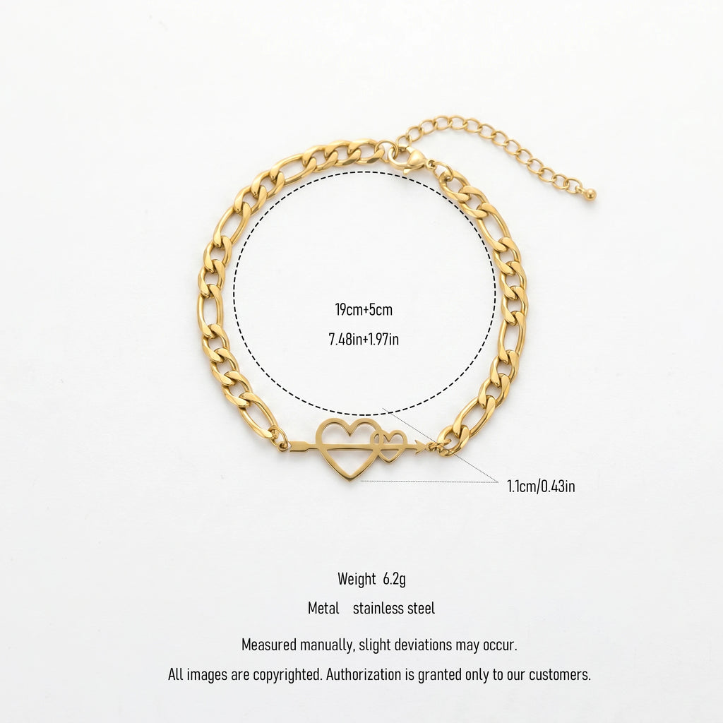 QIAOREN 11737 18K Gold Plated Stainless Steel Anti-Tarnish Cupid Heart Arrow Anklet Adjustable Cuban Foot Chain