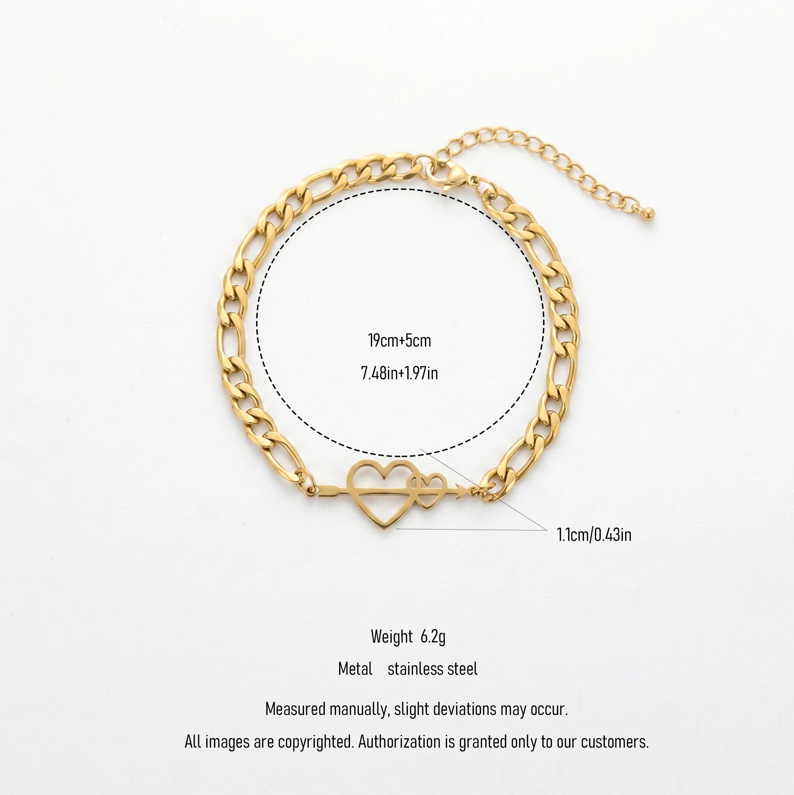 QIAOREN 11737 18K Gold Plated Stainless Steel Anti-Tarnish Cupid Heart Arrow Anklet Adjustable Cuban Foot Chain