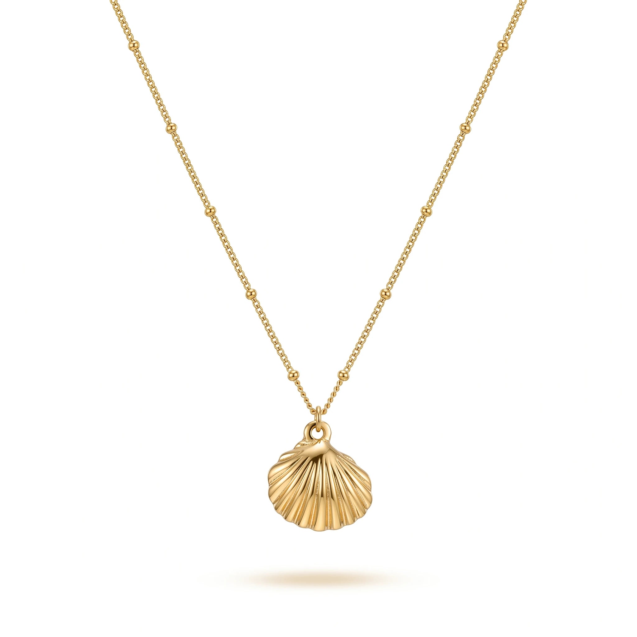 QIAOREN 13552 Stainless Steel Shell Necklace Gold Seashell Pendant Beaded Chain Summer Beach Jewelry Women Fashion Accessories