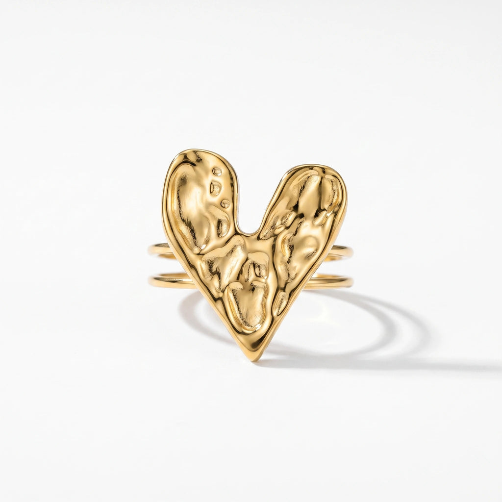 QIAOREN 14279-83 Vintage Hammered Heart Open Cuff Ring Set, Adjustable Stackable Stainless Steel Statement Rings