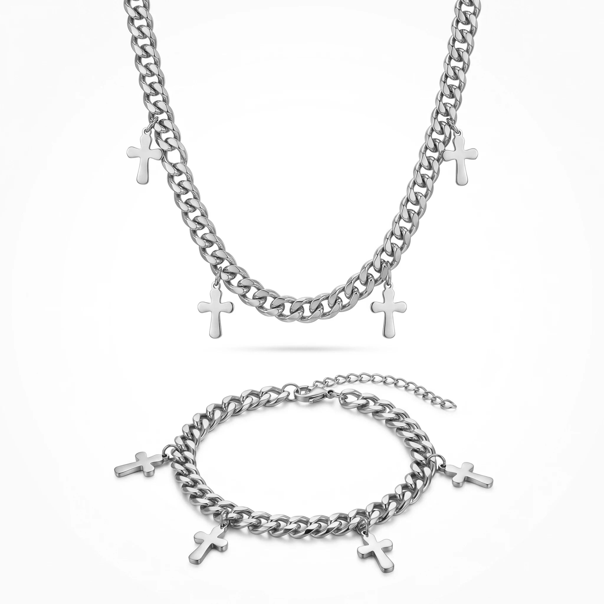 QIAOREN 11892 Wholesale Stainless Steel Cuban Chain Set Multi Cross Charms Adjustable Gold Necklace Bracelet Jewelry
