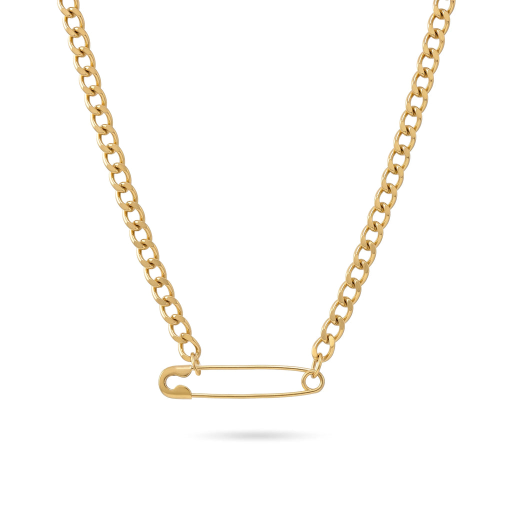 QIAOREN 11833 Edgy Chunky Safety Pin Cuban Chain Necklace 18K Gold Stainless Steel Minimalist Statement Streetwear Jewelry