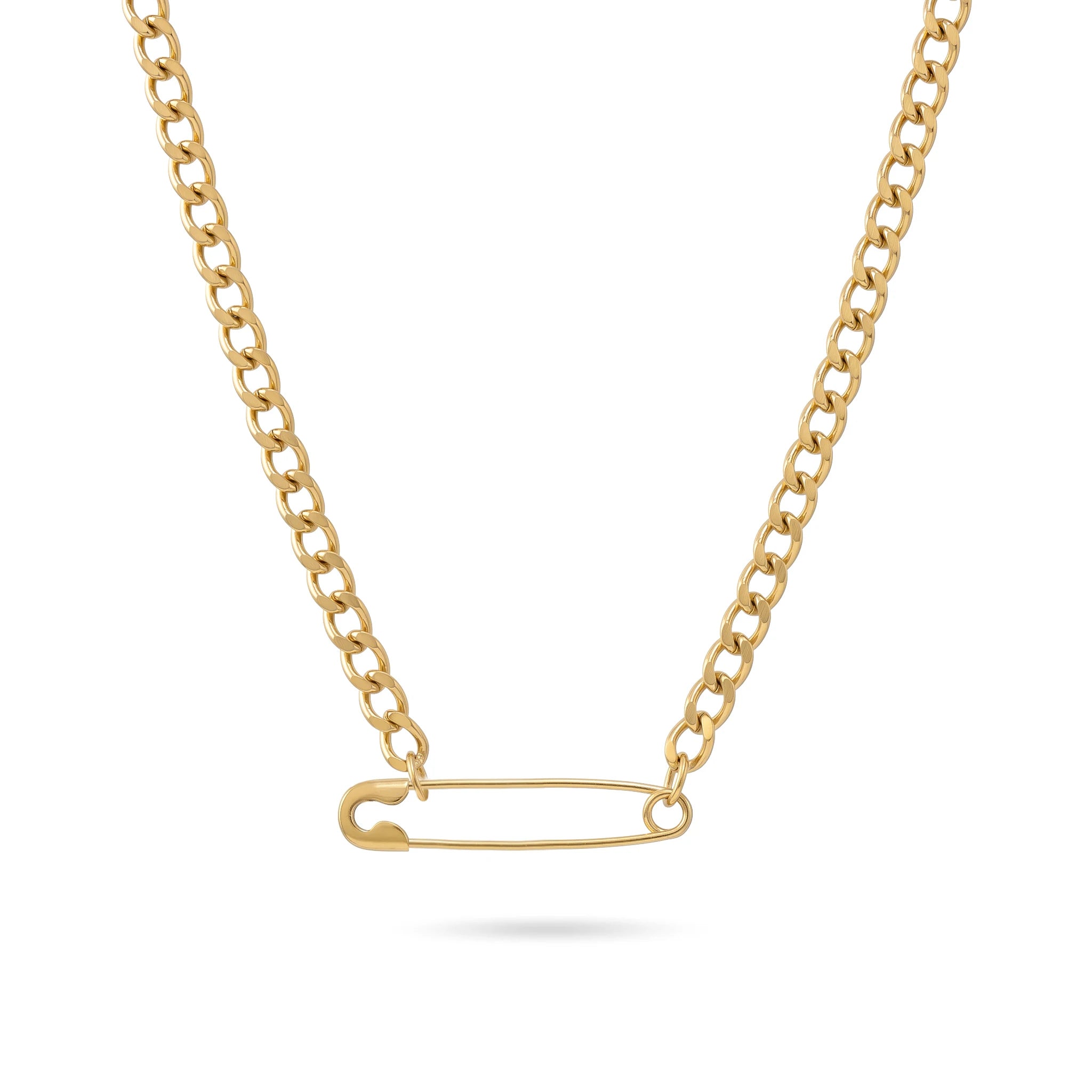 QIAOREN 11833 Edgy Chunky Safety Pin Cuban Chain Necklace 18K Gold Stainless Steel Minimalist Statement Streetwear Jewelry