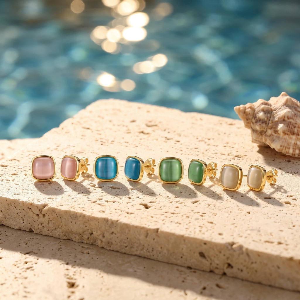 QIAOREN 13705-08 Square Cat Eye Stone Stud Earring Set, Multi Color Pink Blue Green White Smooth Cabochon Gem Gold Jewelry