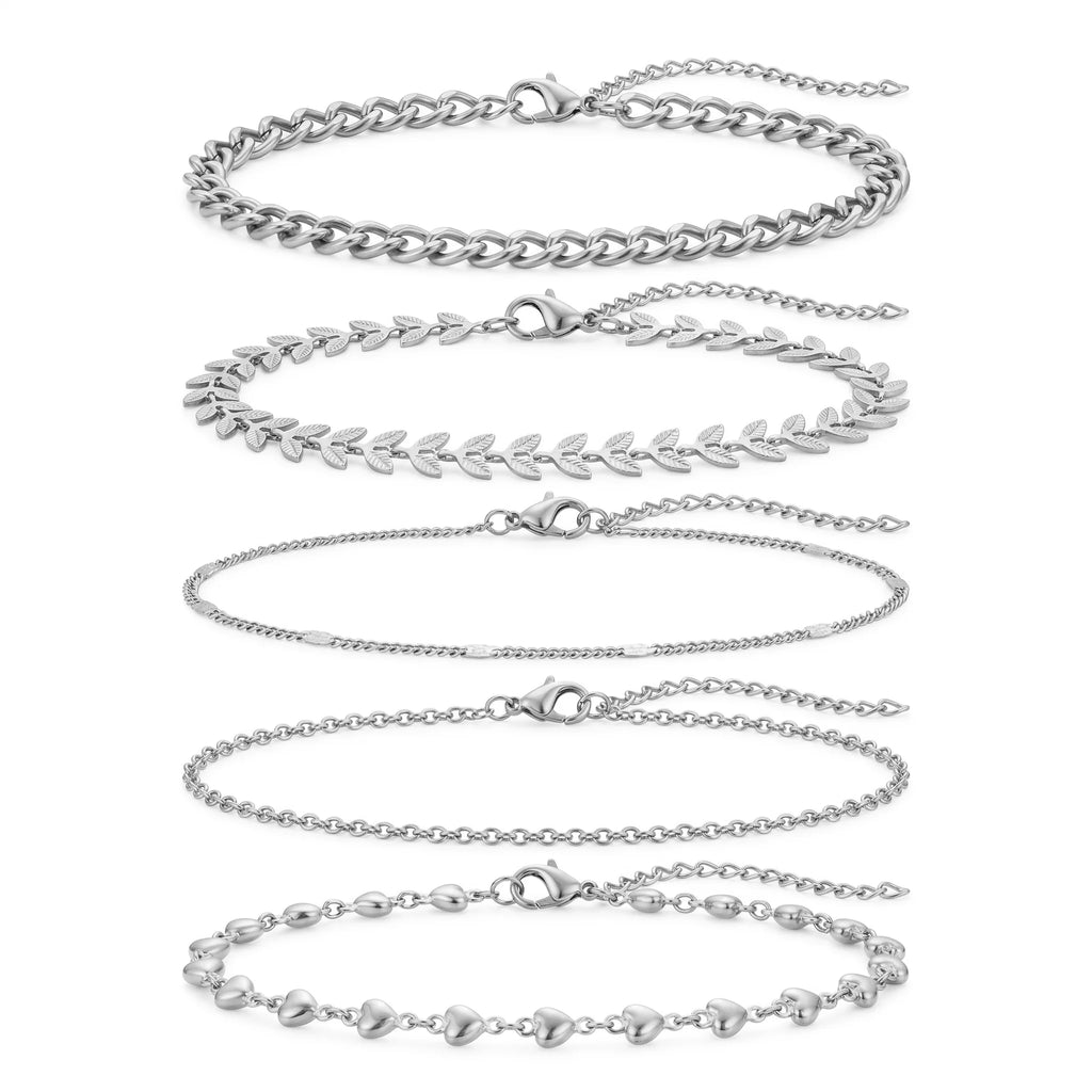 QIAOREN 11538 Boho 5 Layer Stackable Anklet Set 18K Gold Plated Stainless Steel Beach Foot Jewelry