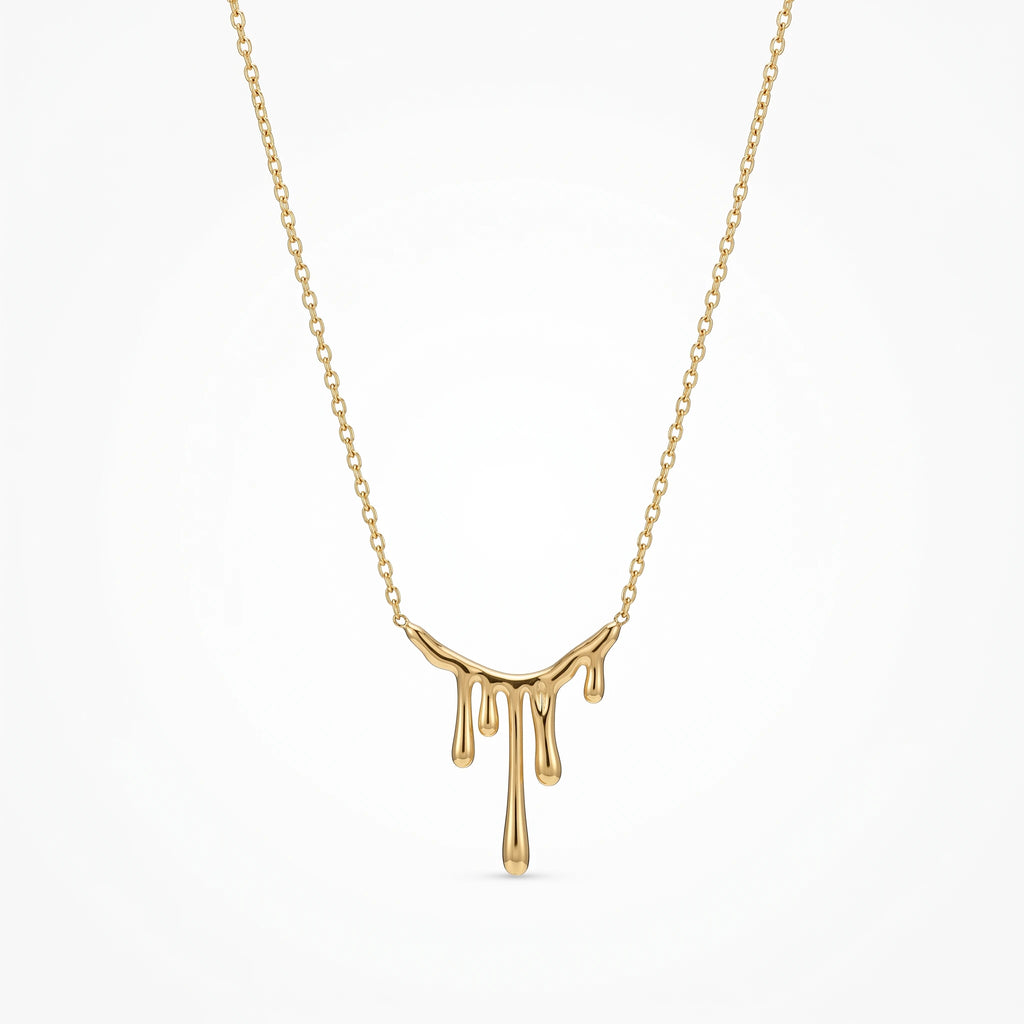 QIAOREN 13806 Thin Oval Link Chain Pendant Necklace with Abstract Liquid Dripping Metal Drop Charm, Polished Gloss Gold Jewelry
