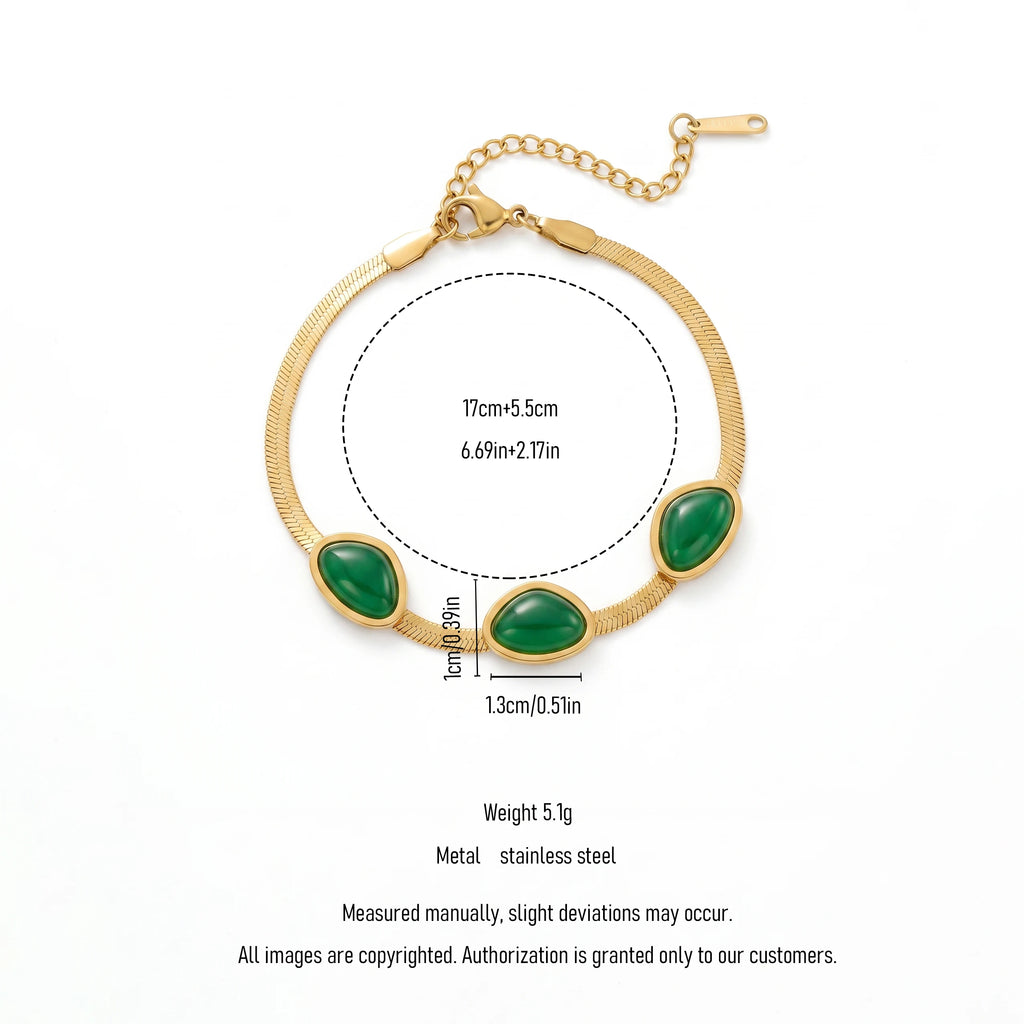 QIAOREN 13354 Gold Plated Stainless Steel Green Stone Herringbone Bracelet Minimalist Dainty Jewelry for Women