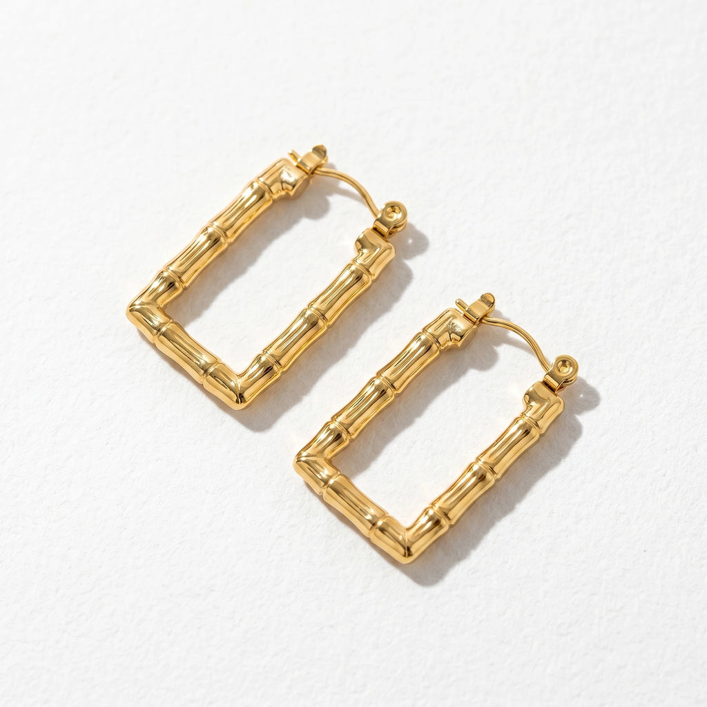 QIAOREN 12433 Elegant  Textured Rectangular Hoops Gold Stainless Steel Statement Jewelry Gift Women