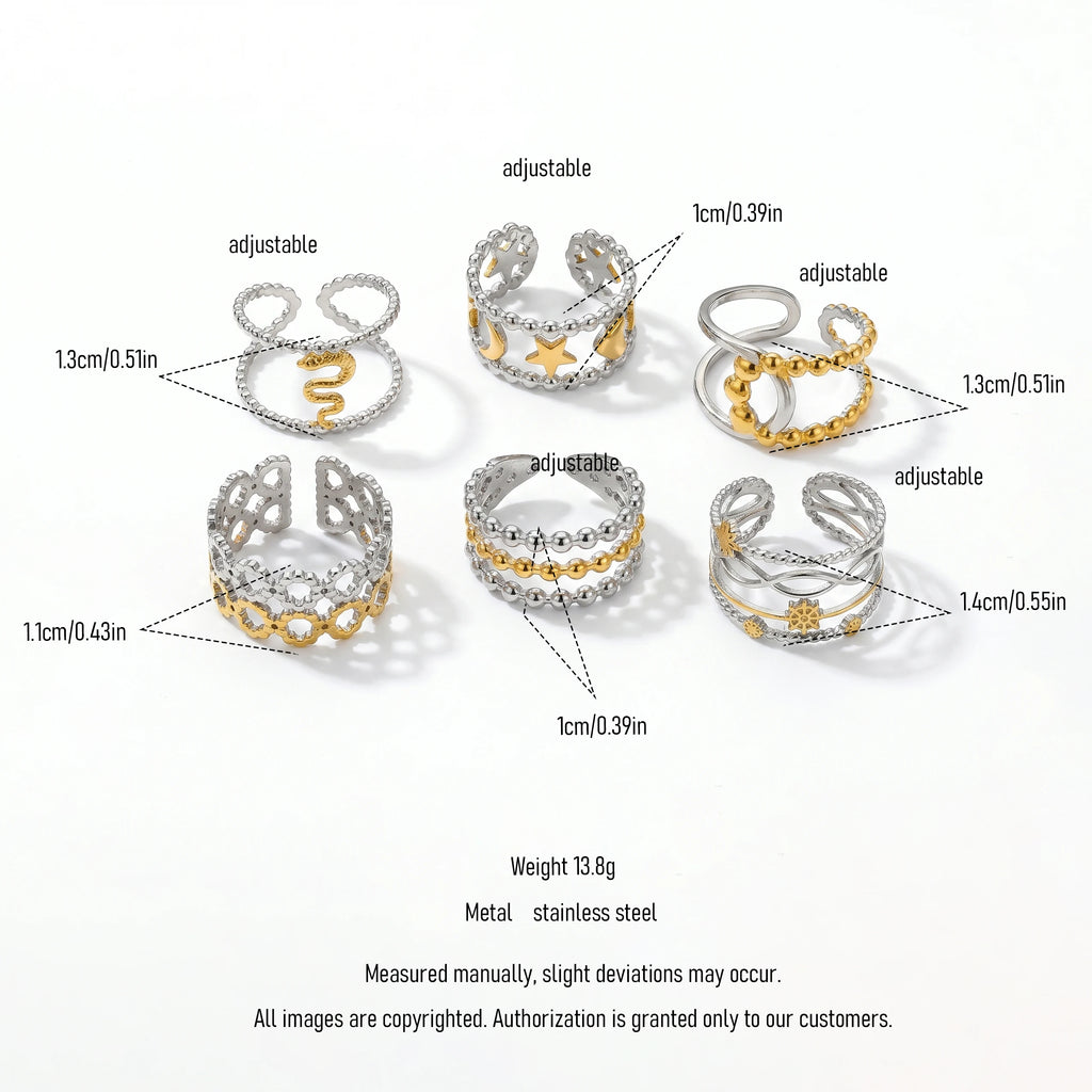 QIAOREN 13016-20 Gold Silver Plated Adjustable Open Stack Ring Set for Women Minimalist Geometric Statement Rings