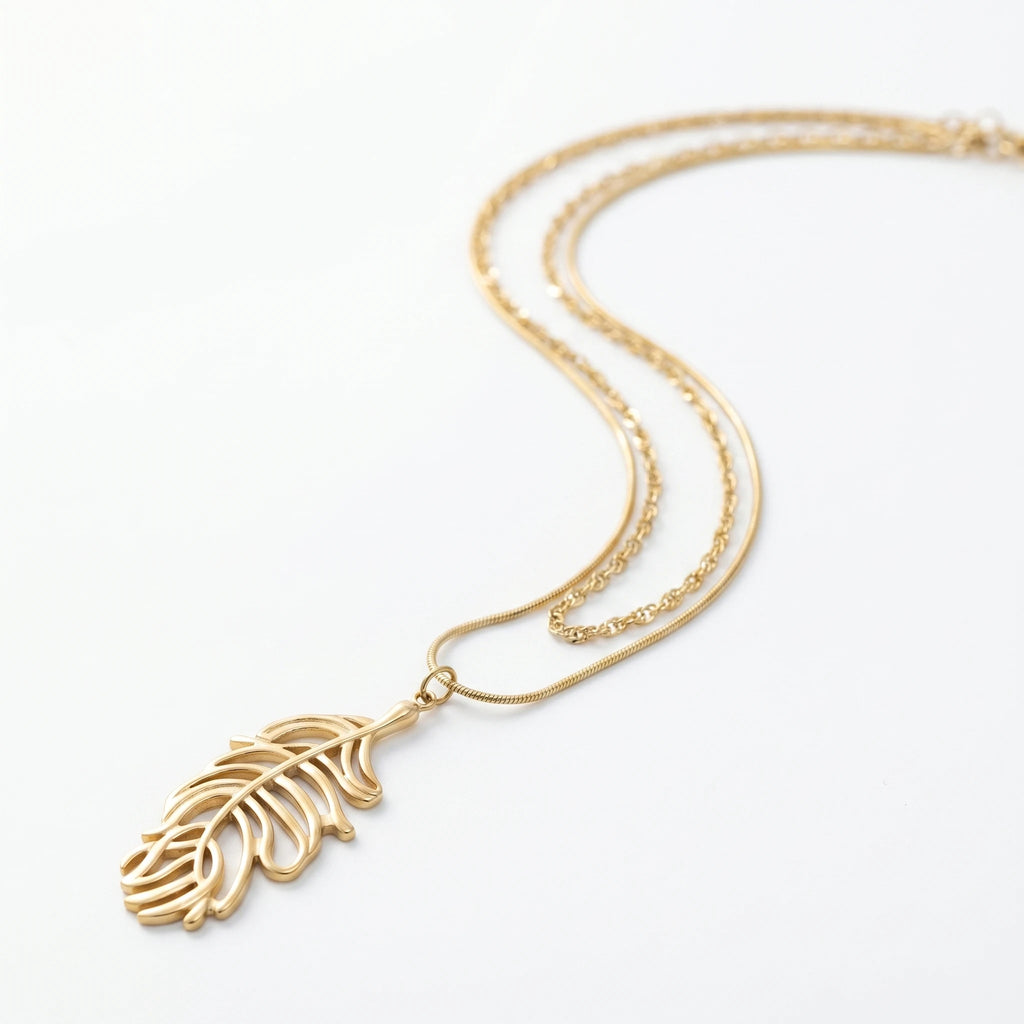 QIAOREN 11928 Elegant Double Layered Stainless Steel Leaf Necklace Gold Snake Twisted Chain  Jewelry Women EU US Hot Sell