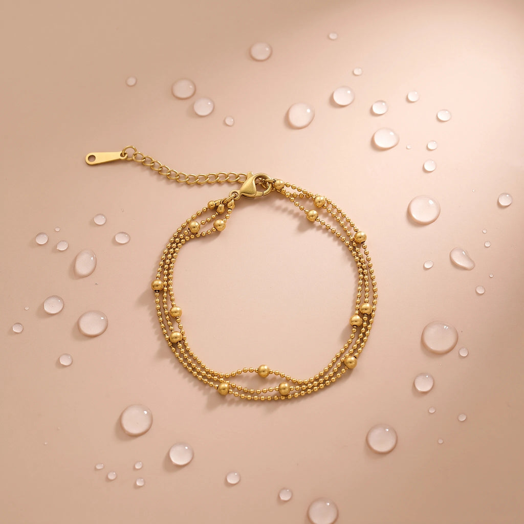 QIAOREN 13304 Multi Layer Gold Bead Bracelet Stainless Steel Multi-Size Ball Chain Adjustable Extender Waterproof