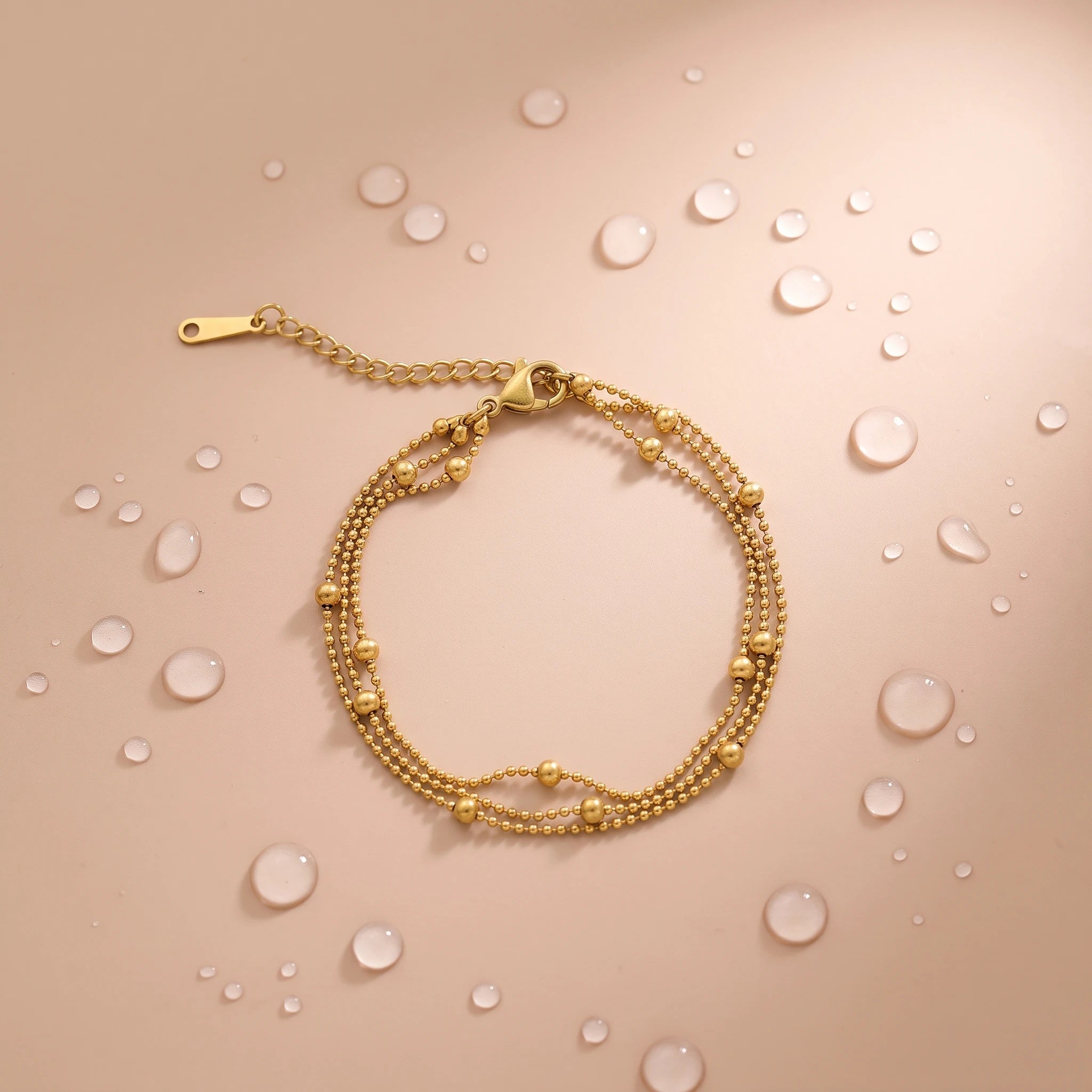 QIAOREN 13304 Multi Layer Gold Bead Bracelet Stainless Steel Multi-Size Ball Chain Adjustable Extender Waterproof