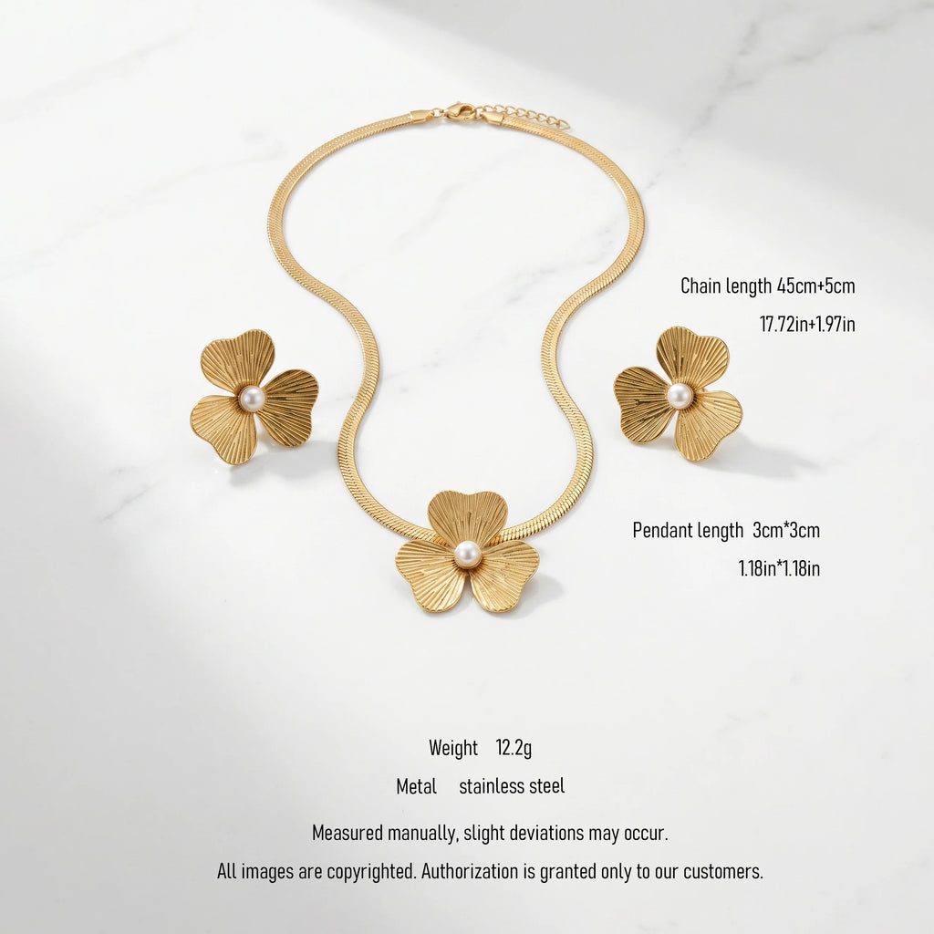 QIAOREN 11116 Trendy Gold Flower Jewelry Set Stainless Steel Pearl Necklace Earrings for Summer Vacation Style