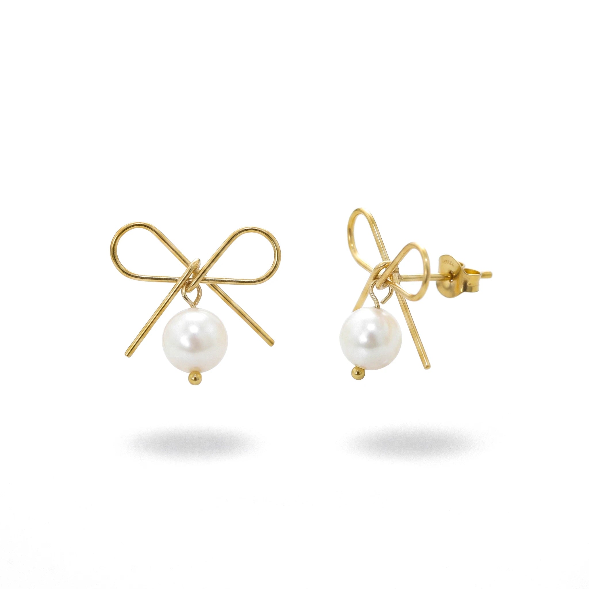 QIAOREN 13839 Stainless Steel Bow Knot Pearl Stud Earrings Waterproof Hypoallergenic Minimalist Jewelry for Women
